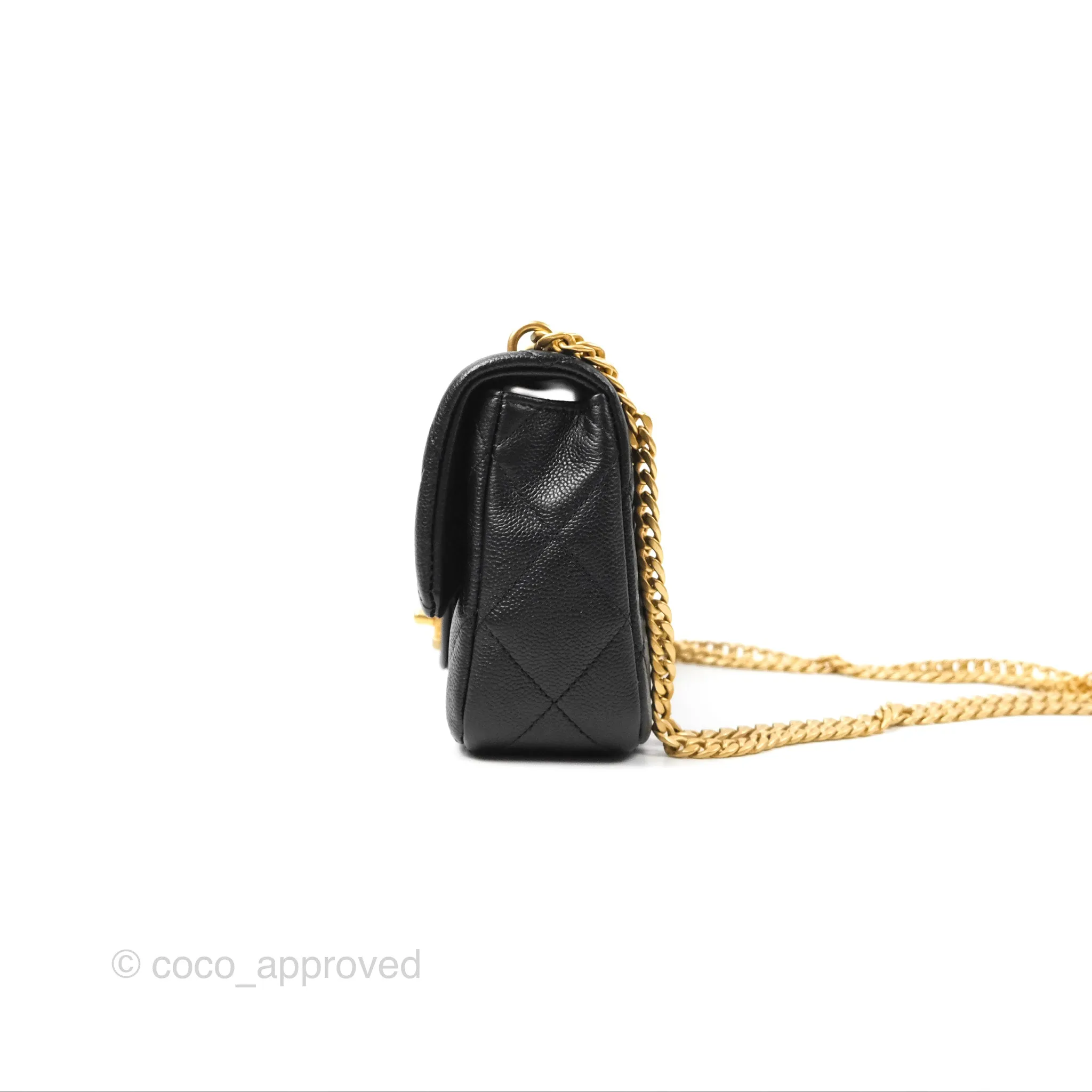 Chanel Mini Flap Bag Heart Adjustable Chain Black Caviar Aged Gold Hardware
