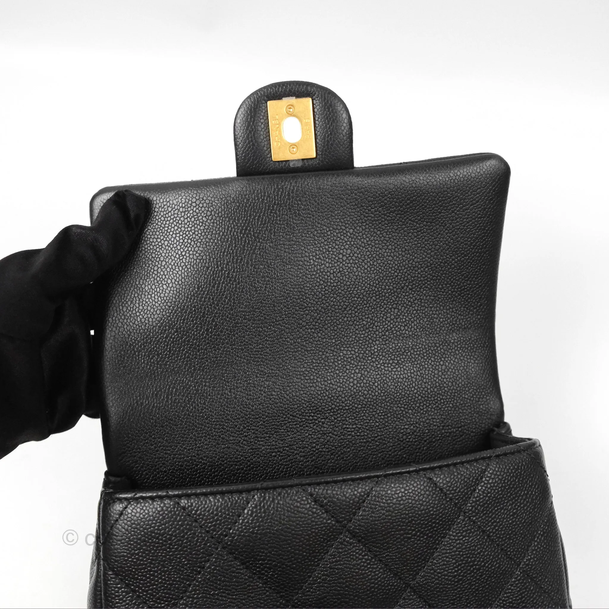 Chanel Mini Flap Bag Heart Adjustable Chain Black Caviar Aged Gold Hardware