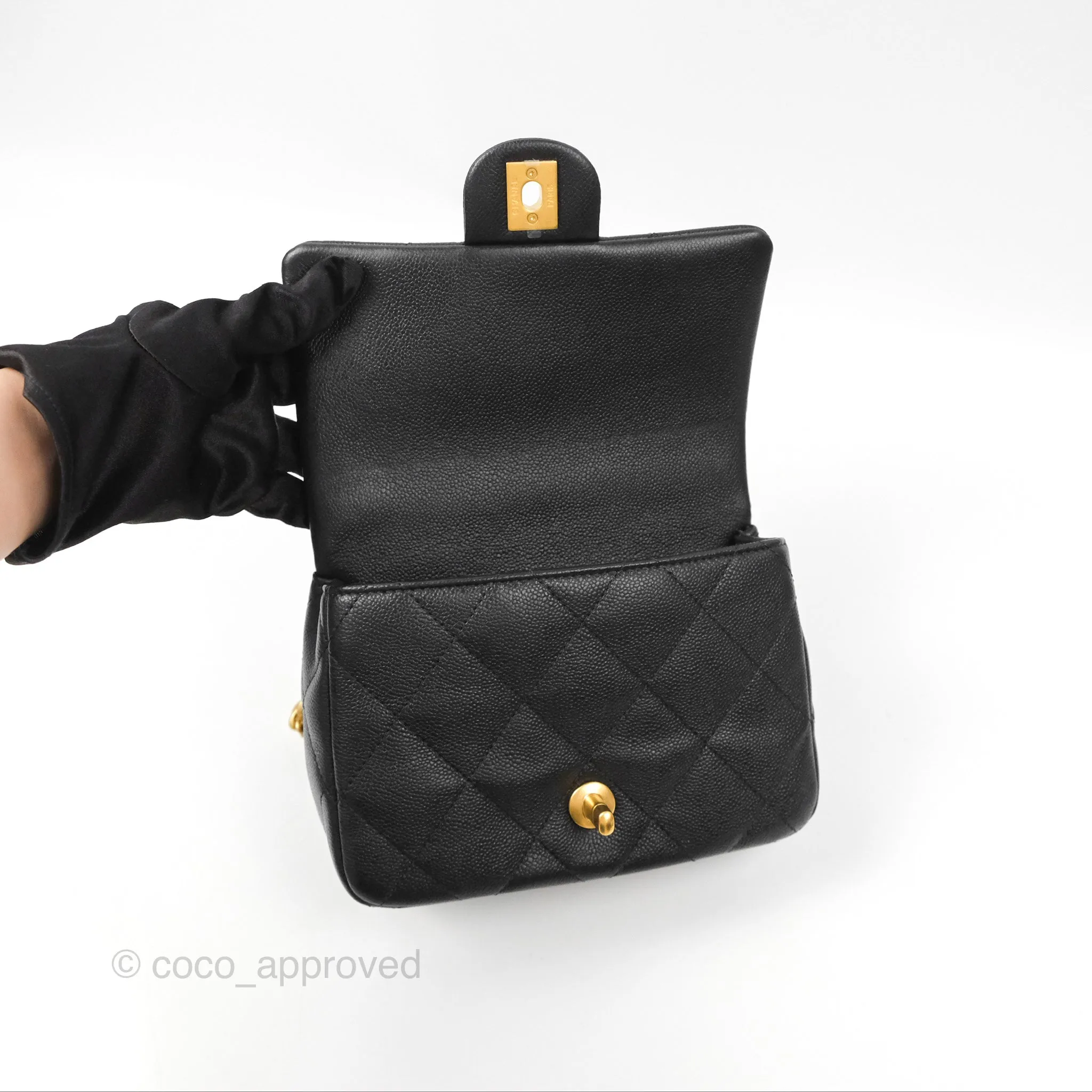 Chanel Mini Flap Bag Heart Adjustable Chain Black Caviar Aged Gold Hardware