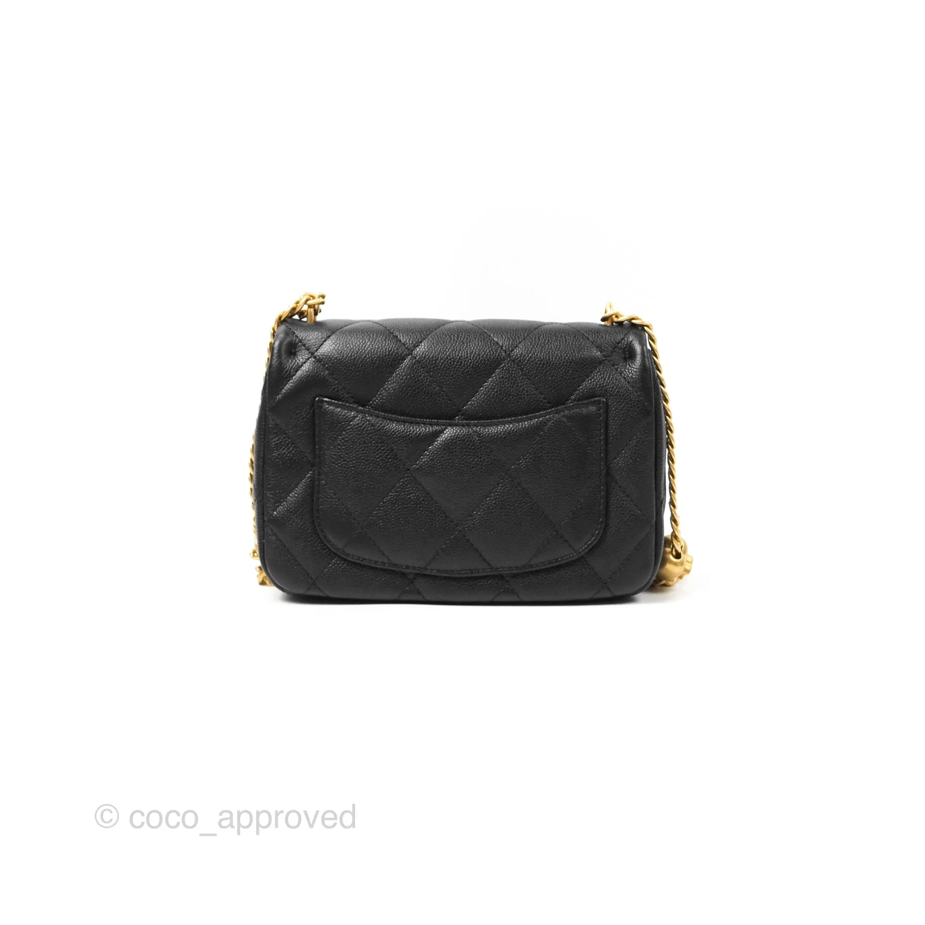 Chanel Mini Flap Bag Heart Adjustable Chain Black Caviar Aged Gold Hardware