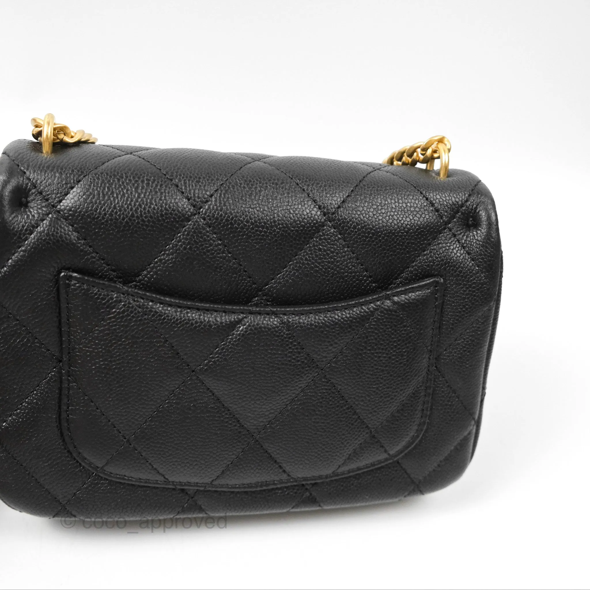 Chanel Mini Flap Bag Heart Adjustable Chain Black Caviar Aged Gold Hardware