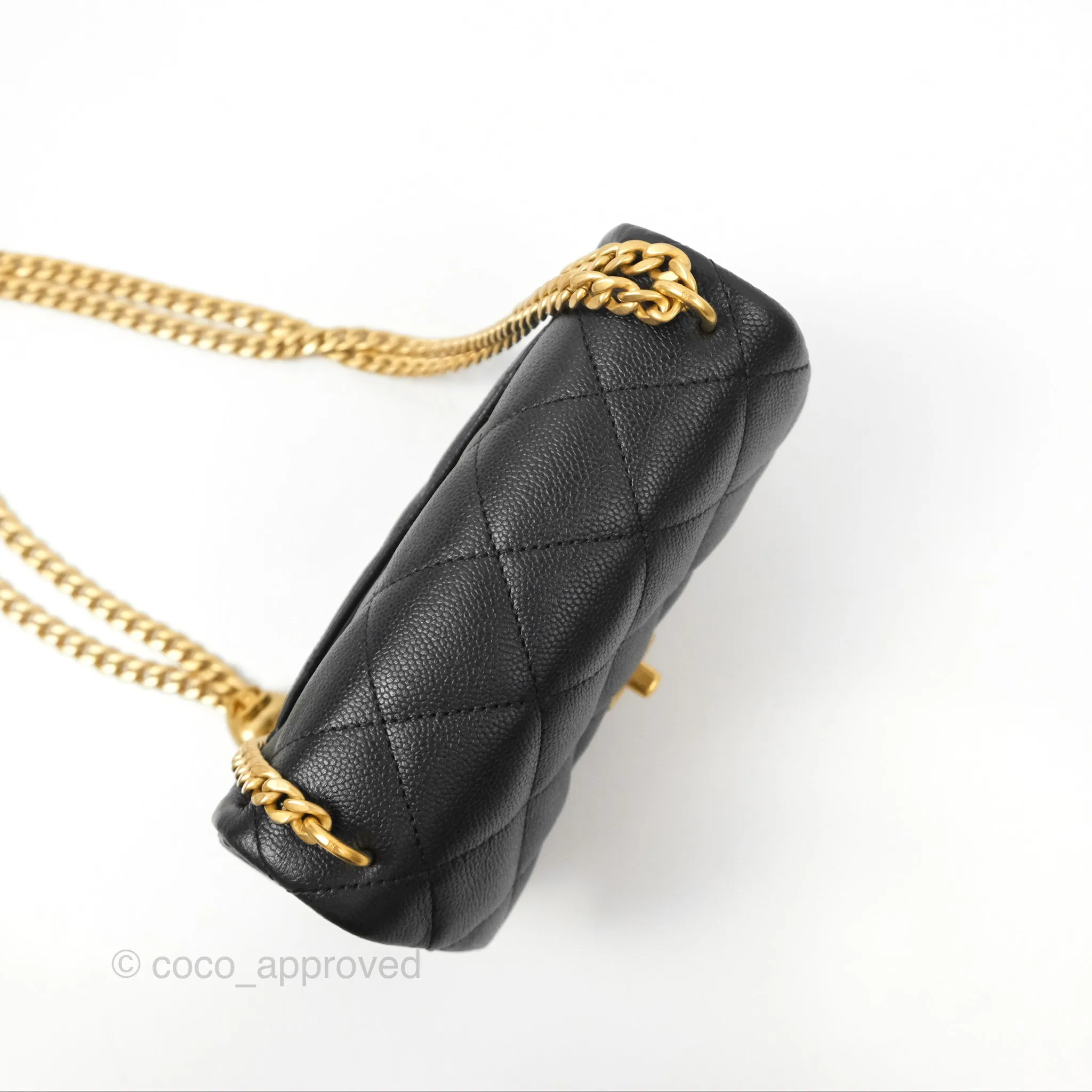 Chanel Mini Flap Bag Heart Adjustable Chain Black Caviar Aged Gold Hardware