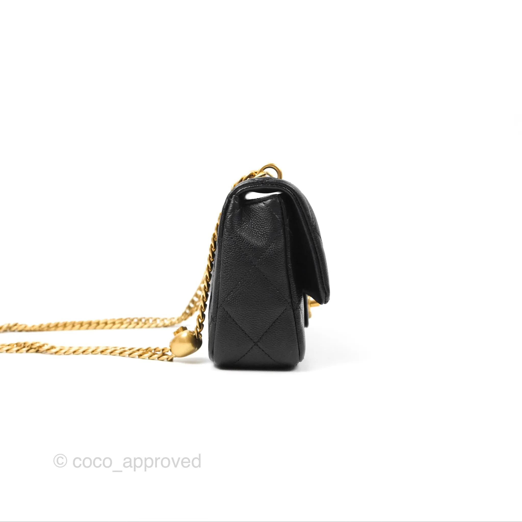 Chanel Mini Flap Bag Heart Adjustable Chain Black Caviar Aged Gold Hardware