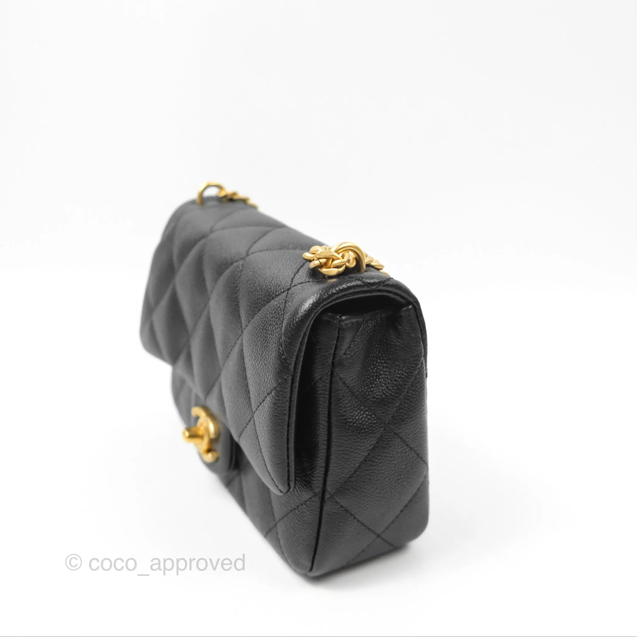 Chanel Mini Flap Bag Heart Adjustable Chain Black Caviar Aged Gold Hardware
