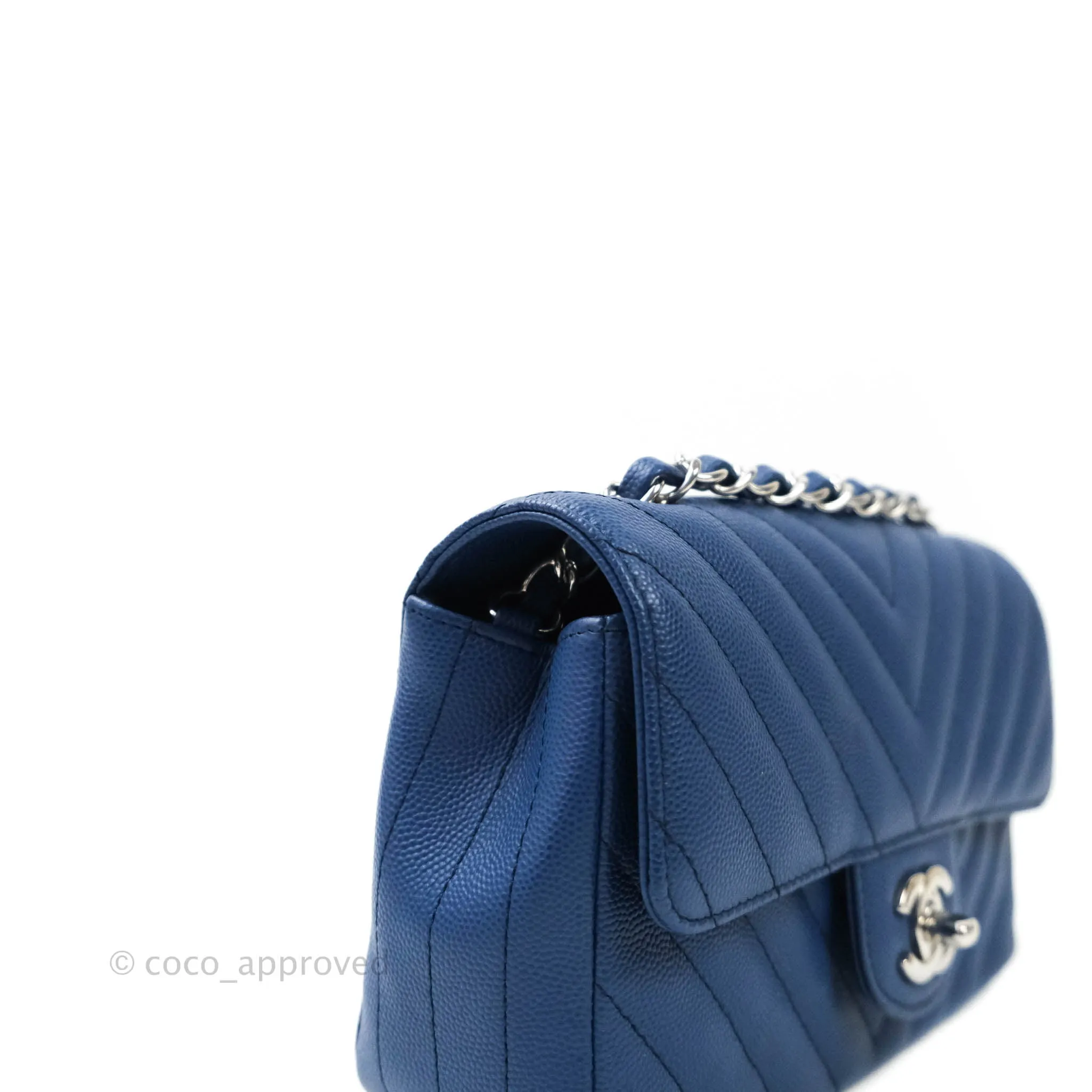 Chanel Mini Rectangular Chevron Caviar Blue Silver Hardware