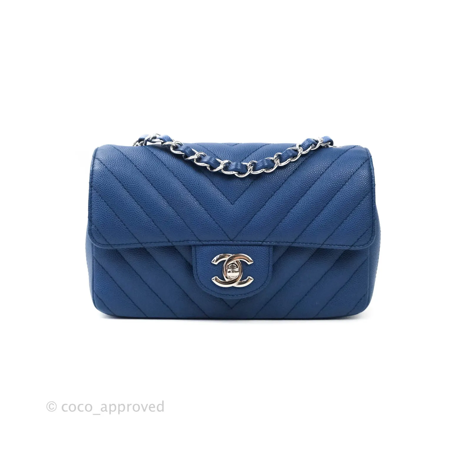 Chanel Mini Rectangular Chevron Caviar Blue Silver Hardware