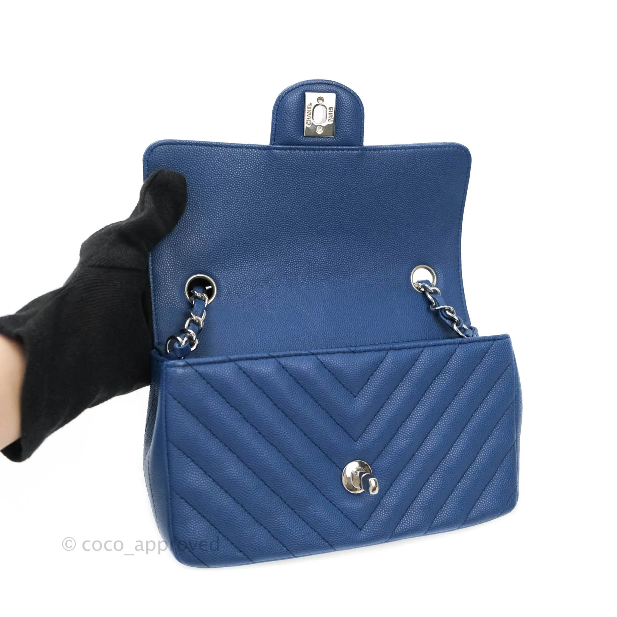 Chanel Mini Rectangular Chevron Caviar Blue Silver Hardware