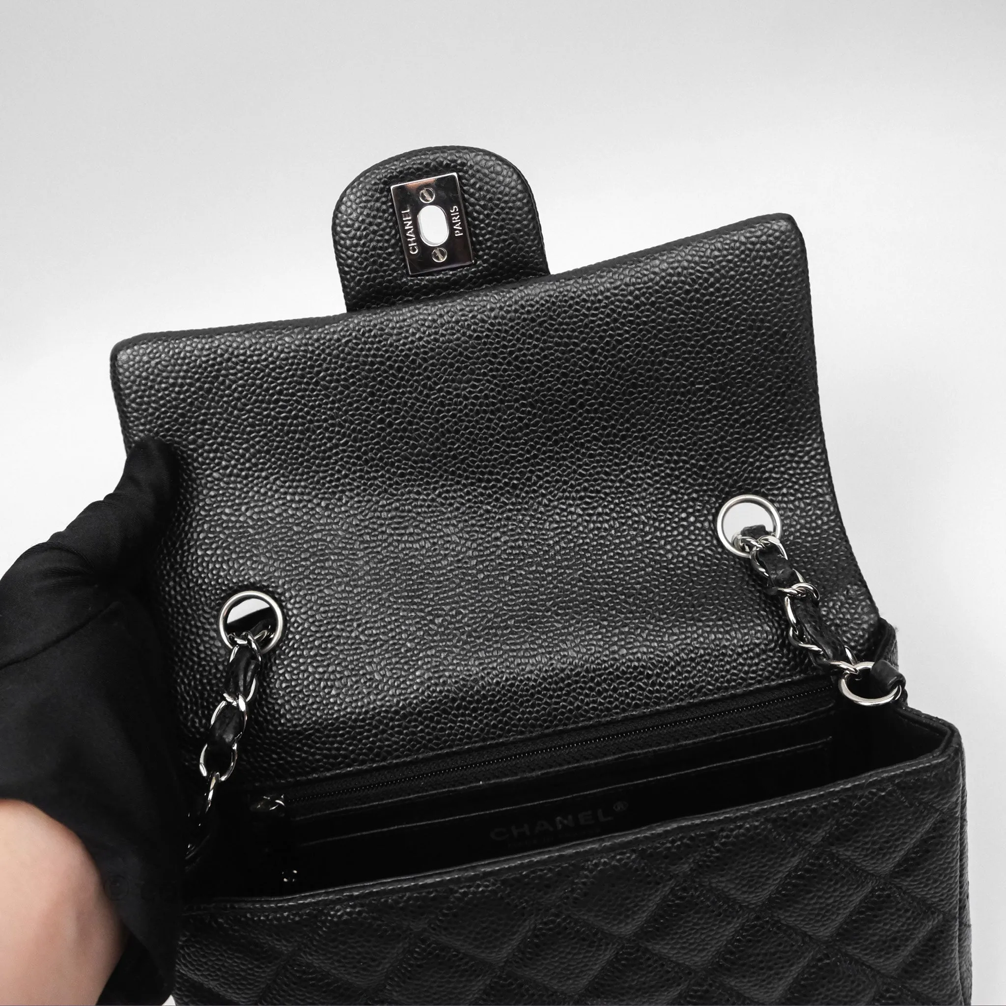 Chanel Mini Rectangular Flap Quilted Black Caviar Silver Hardware