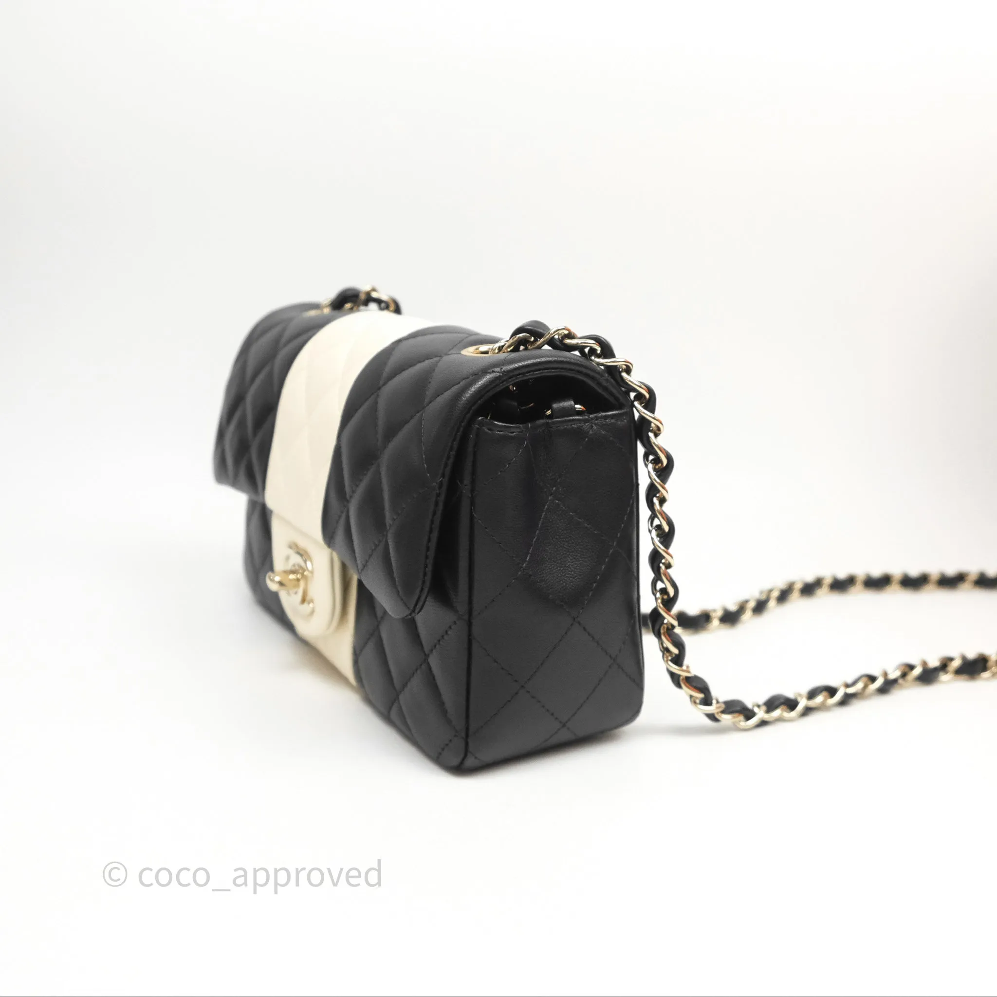 Chanel Mini Rectangular Flap Quilted Black White Lambskin Gold Hardware