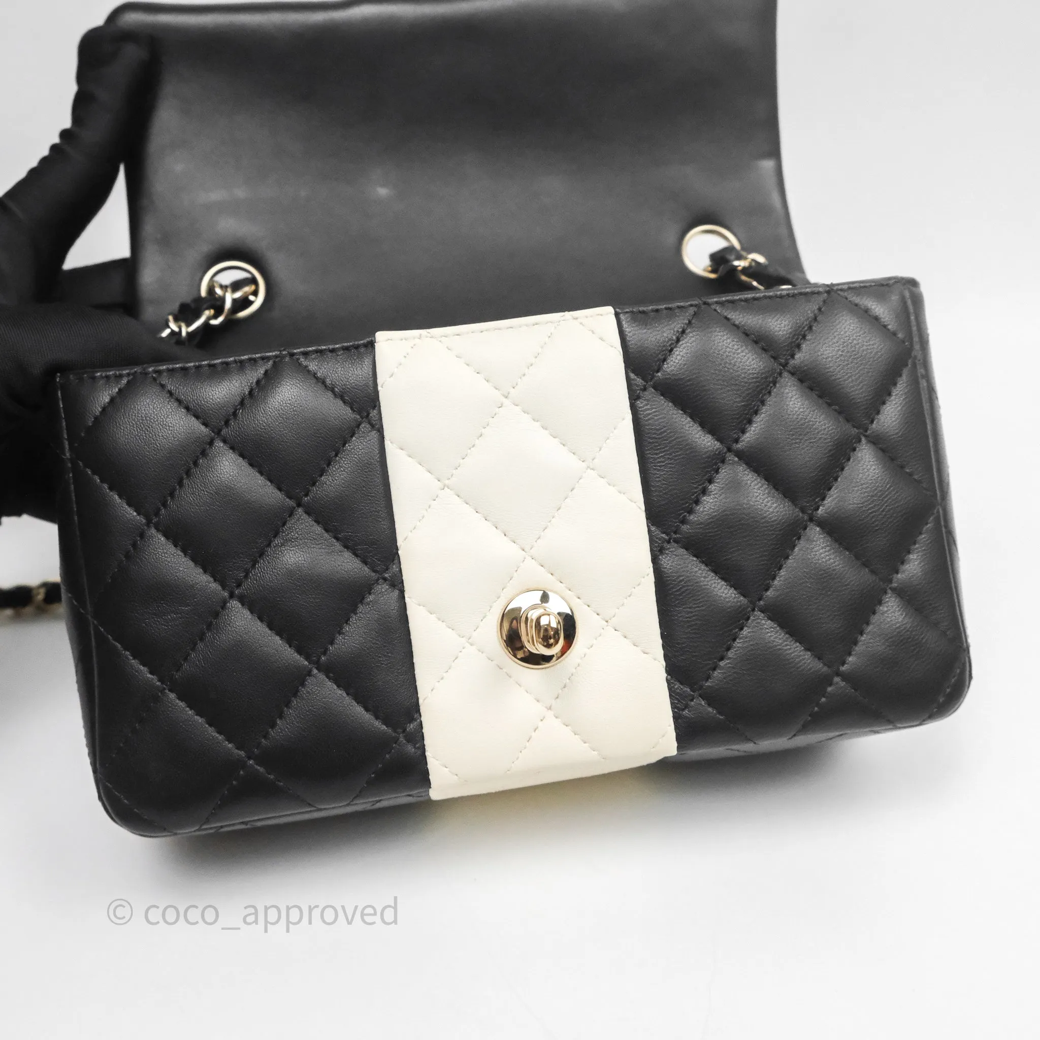 Chanel Mini Rectangular Flap Quilted Black White Lambskin Gold Hardware