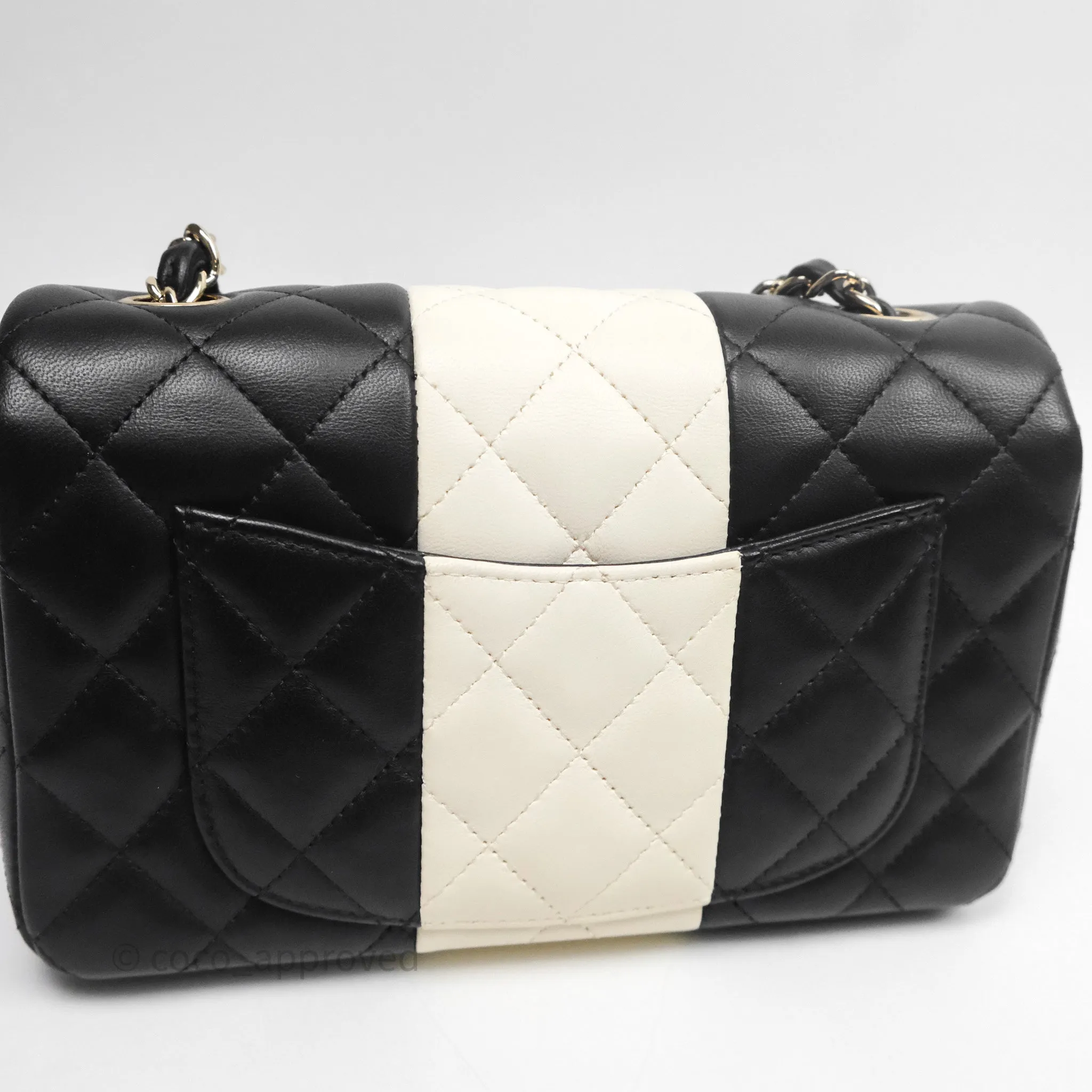Chanel Mini Rectangular Flap Quilted Black White Lambskin Gold Hardware