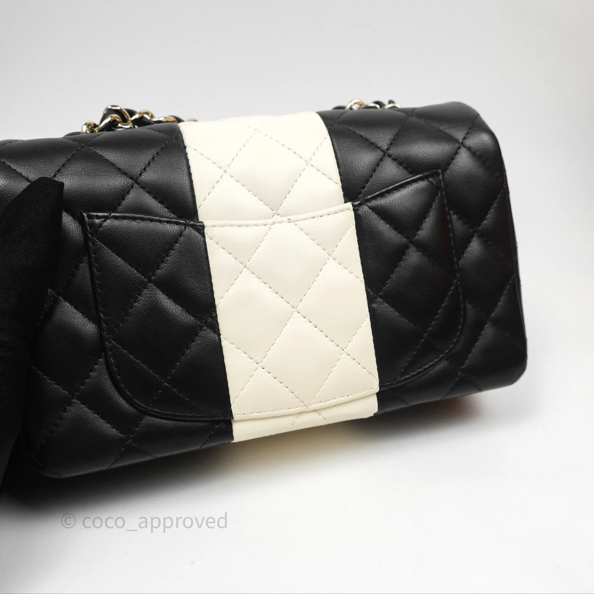 Chanel Mini Rectangular Flap Quilted Black White Lambskin Gold Hardware