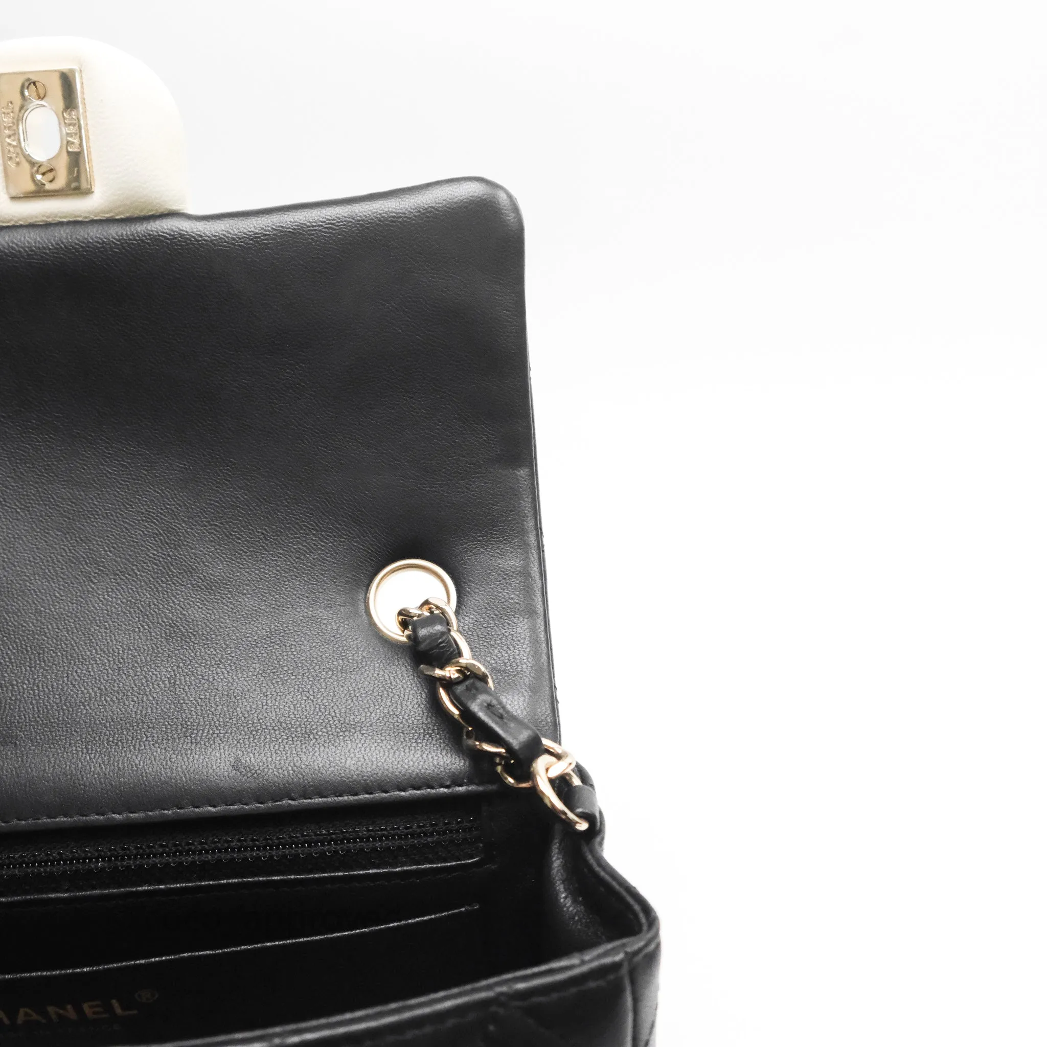 Chanel Mini Rectangular Flap Quilted Black White Lambskin Gold Hardware