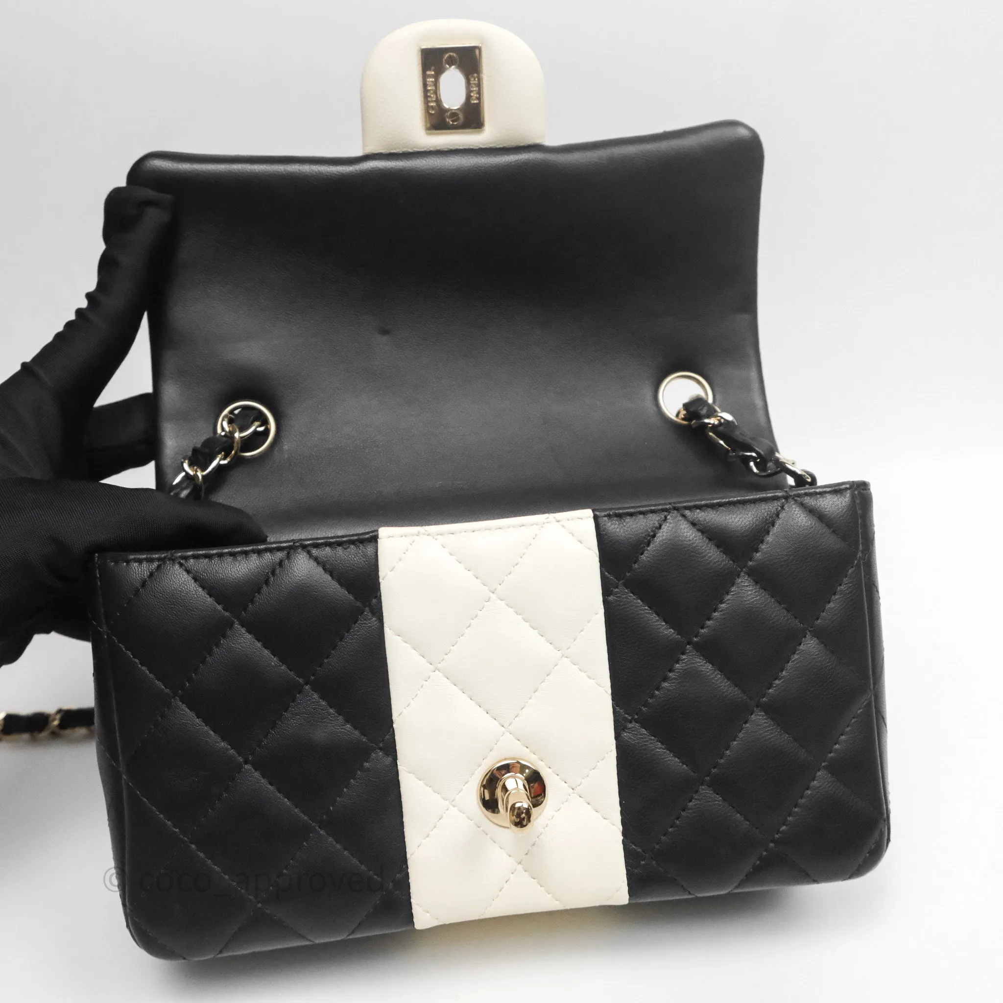 Chanel Mini Rectangular Flap Quilted Black White Lambskin Gold Hardware