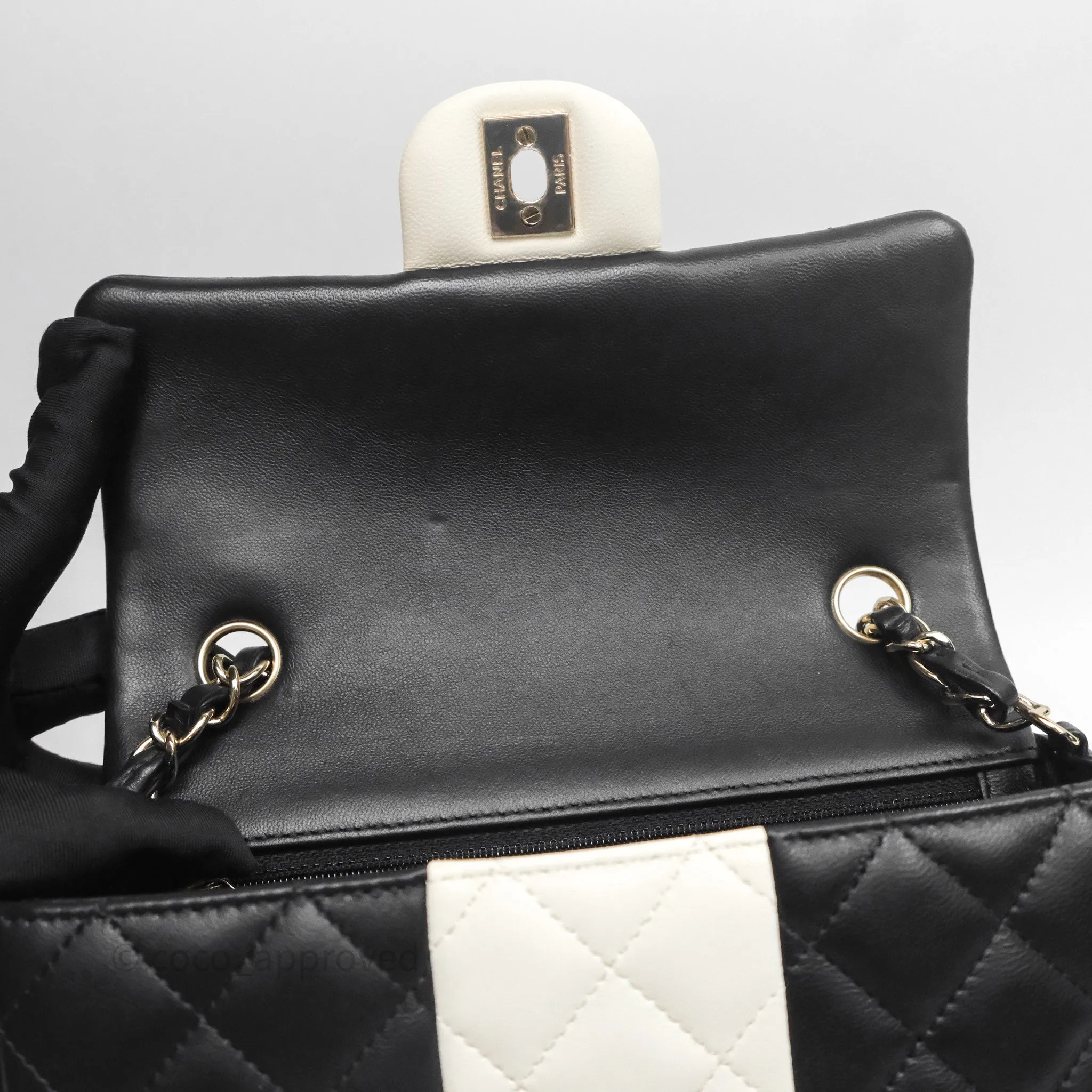 Chanel Mini Rectangular Flap Quilted Black White Lambskin Gold Hardware