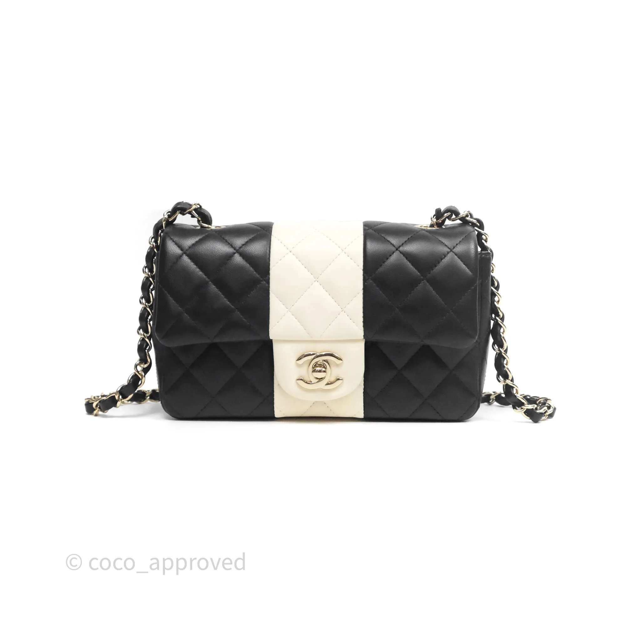 Chanel Mini Rectangular Flap Quilted Black White Lambskin Gold Hardware
