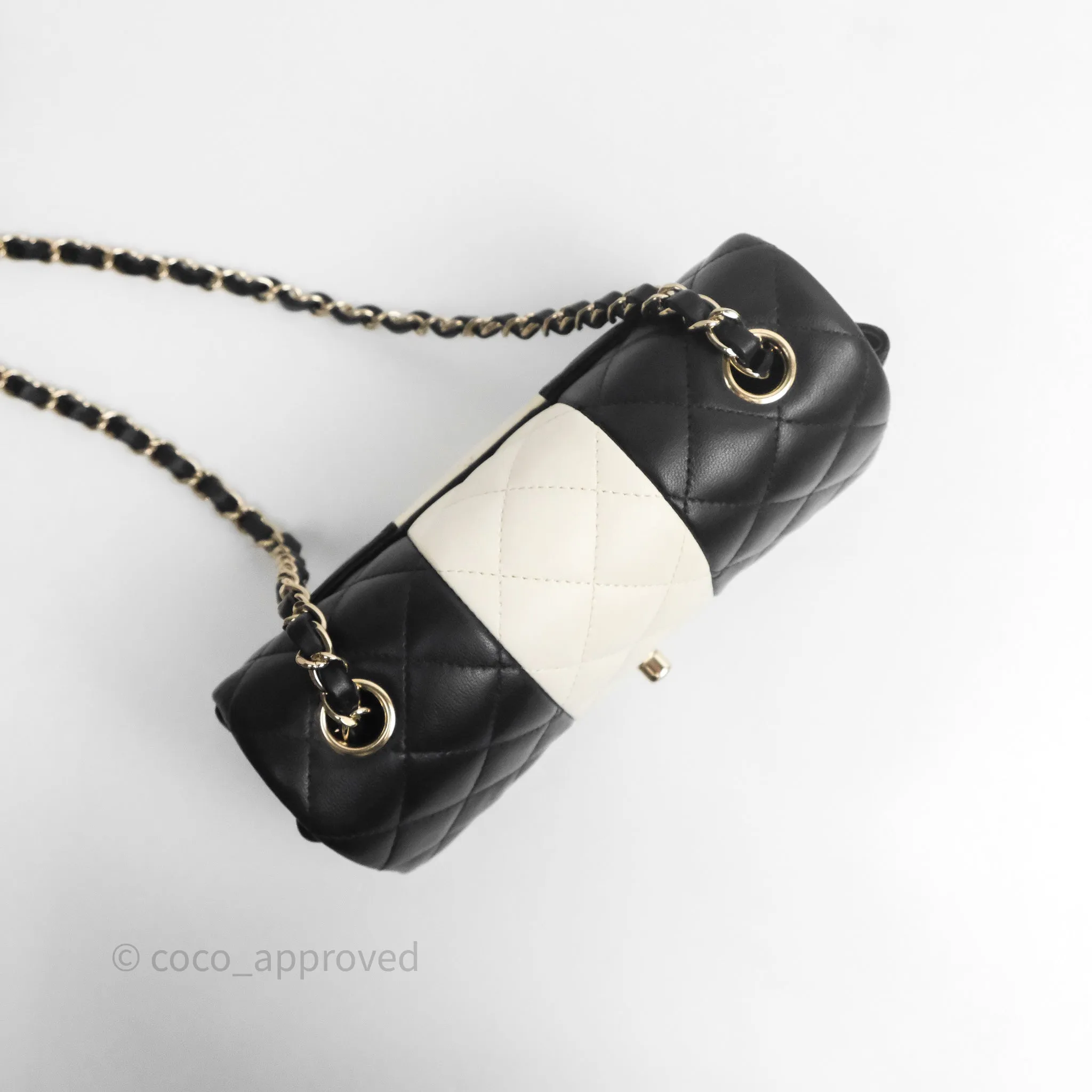 Chanel Mini Rectangular Flap Quilted Black White Lambskin Gold Hardware