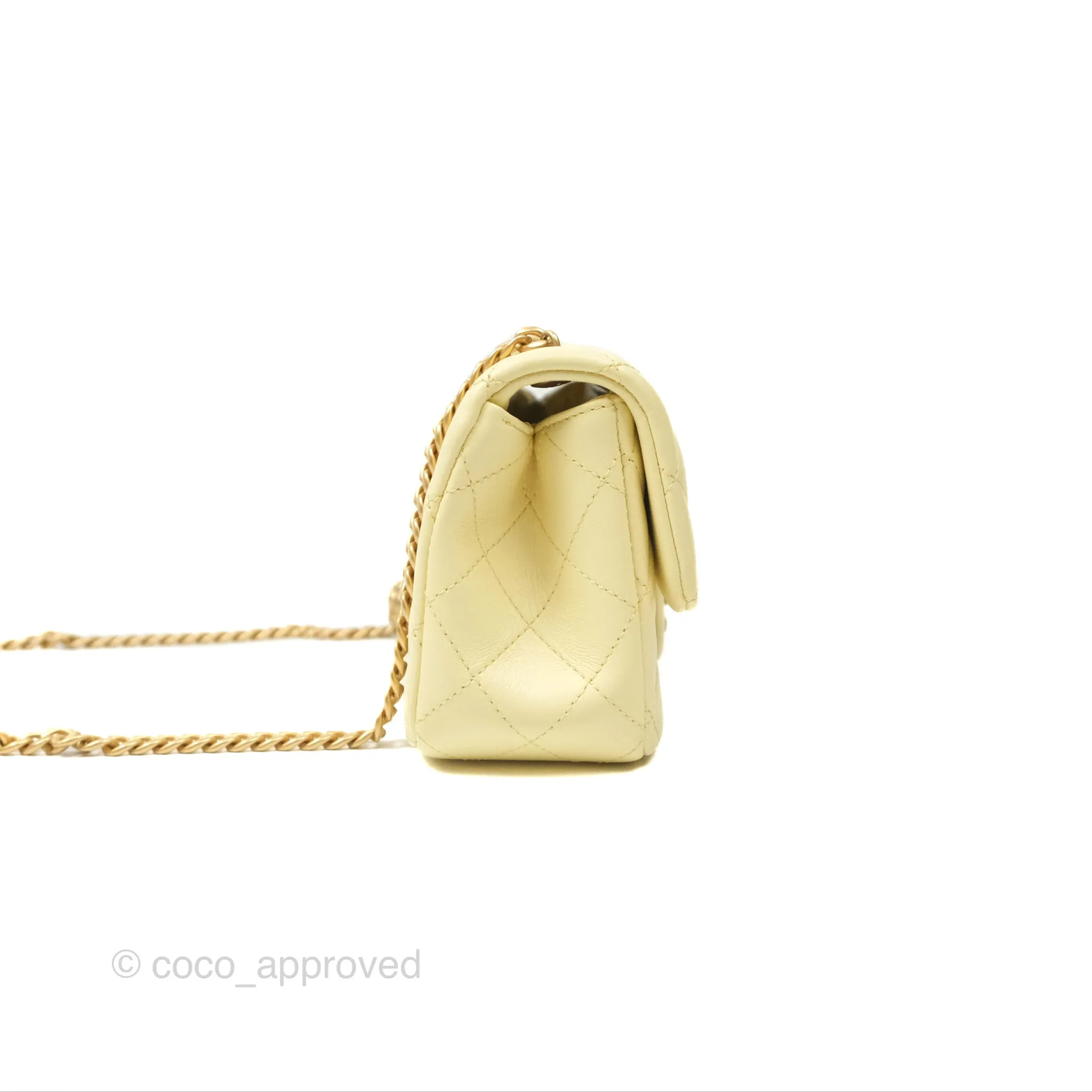 Chanel Mini Rectangular Flap with Camellia Adjustable Chain Yellow Lambskin Aged Gold Hardware 23S