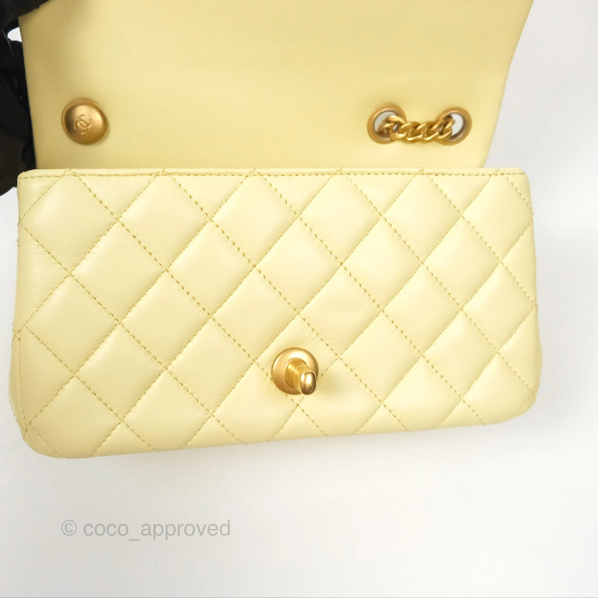 Chanel Mini Rectangular Flap with Camellia Adjustable Chain Yellow Lambskin Aged Gold Hardware 23S