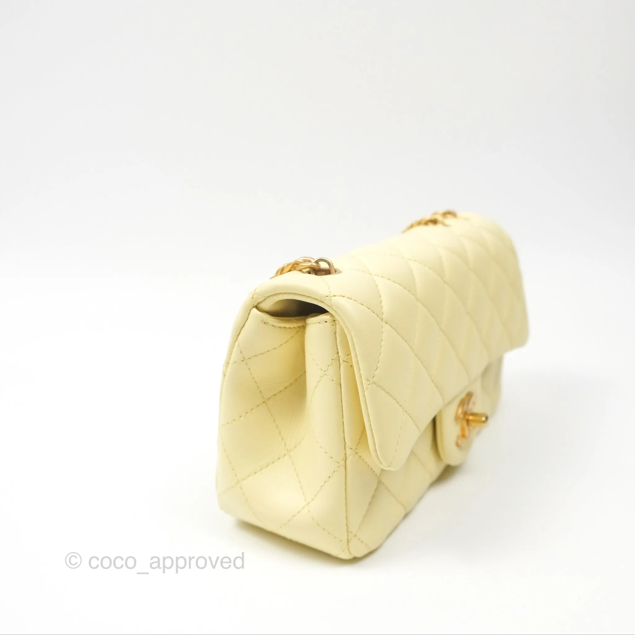 Chanel Mini Rectangular Flap with Camellia Adjustable Chain Yellow Lambskin Aged Gold Hardware 23S