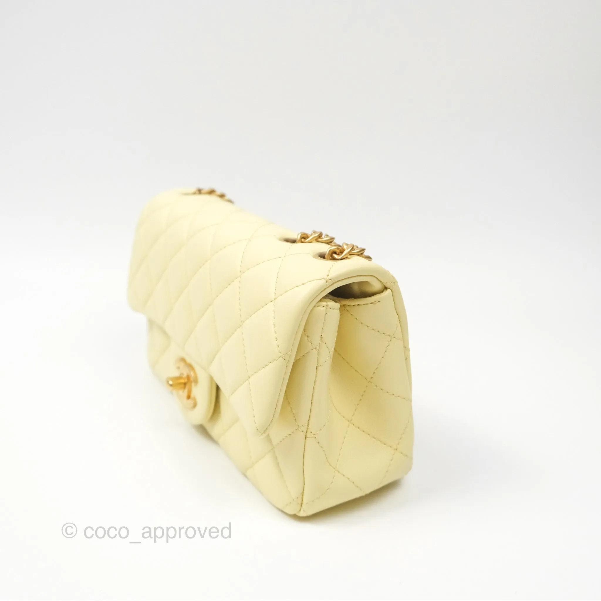 Chanel Mini Rectangular Flap with Camellia Adjustable Chain Yellow Lambskin Aged Gold Hardware 23S