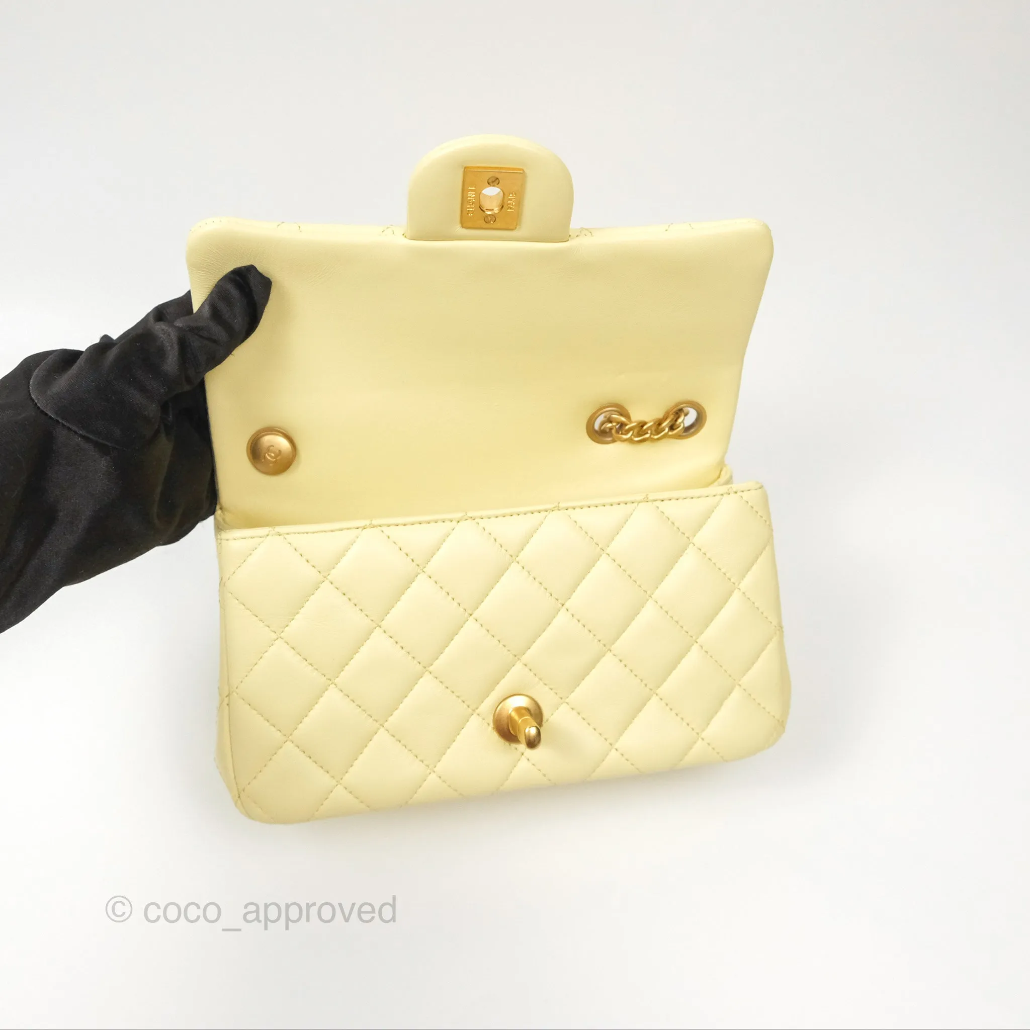 Chanel Mini Rectangular Flap with Camellia Adjustable Chain Yellow Lambskin Aged Gold Hardware 23S