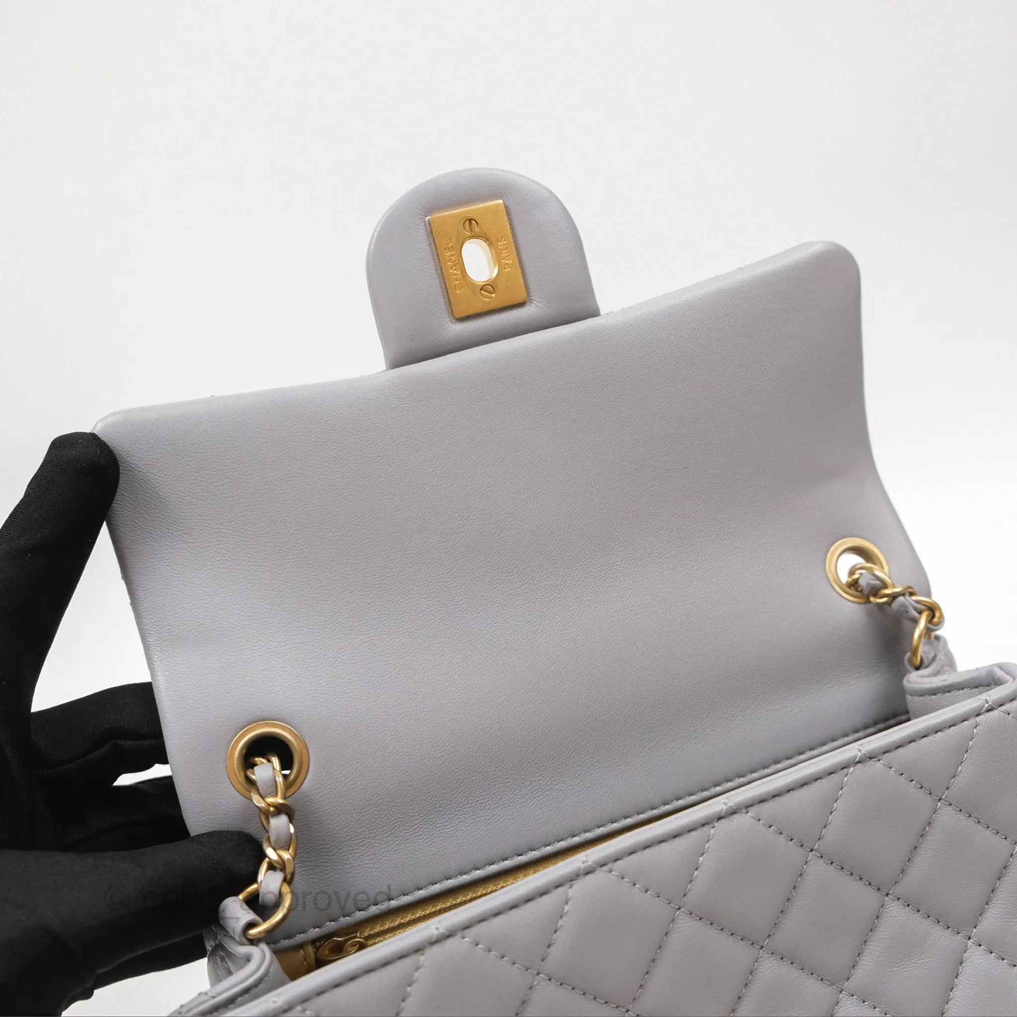 Chanel Mini Rectangular Pearl Crush Grey Lambskin Aged Gold Hardware