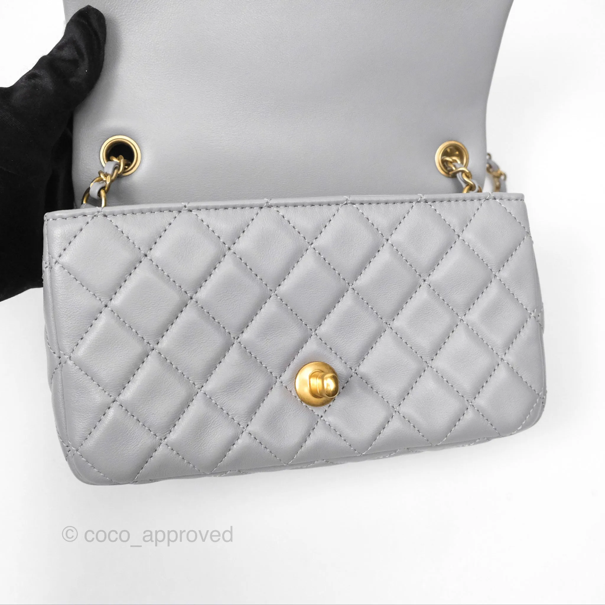Chanel Mini Rectangular Pearl Crush Grey Lambskin Aged Gold Hardware
