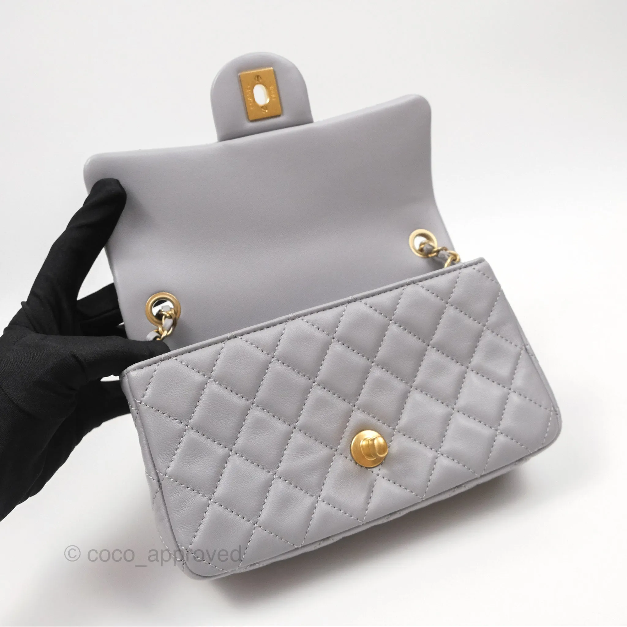 Chanel Mini Rectangular Pearl Crush Grey Lambskin Aged Gold Hardware