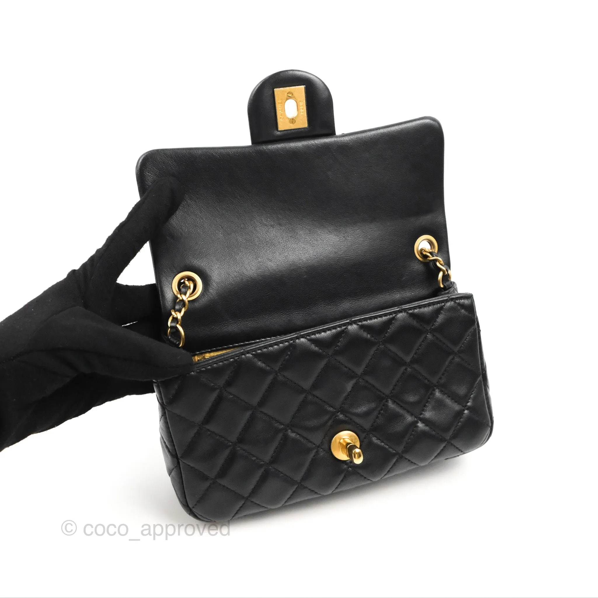 Chanel Mini Rectangular Pearl Crush Quilted Black Lambskin Gold Hardware