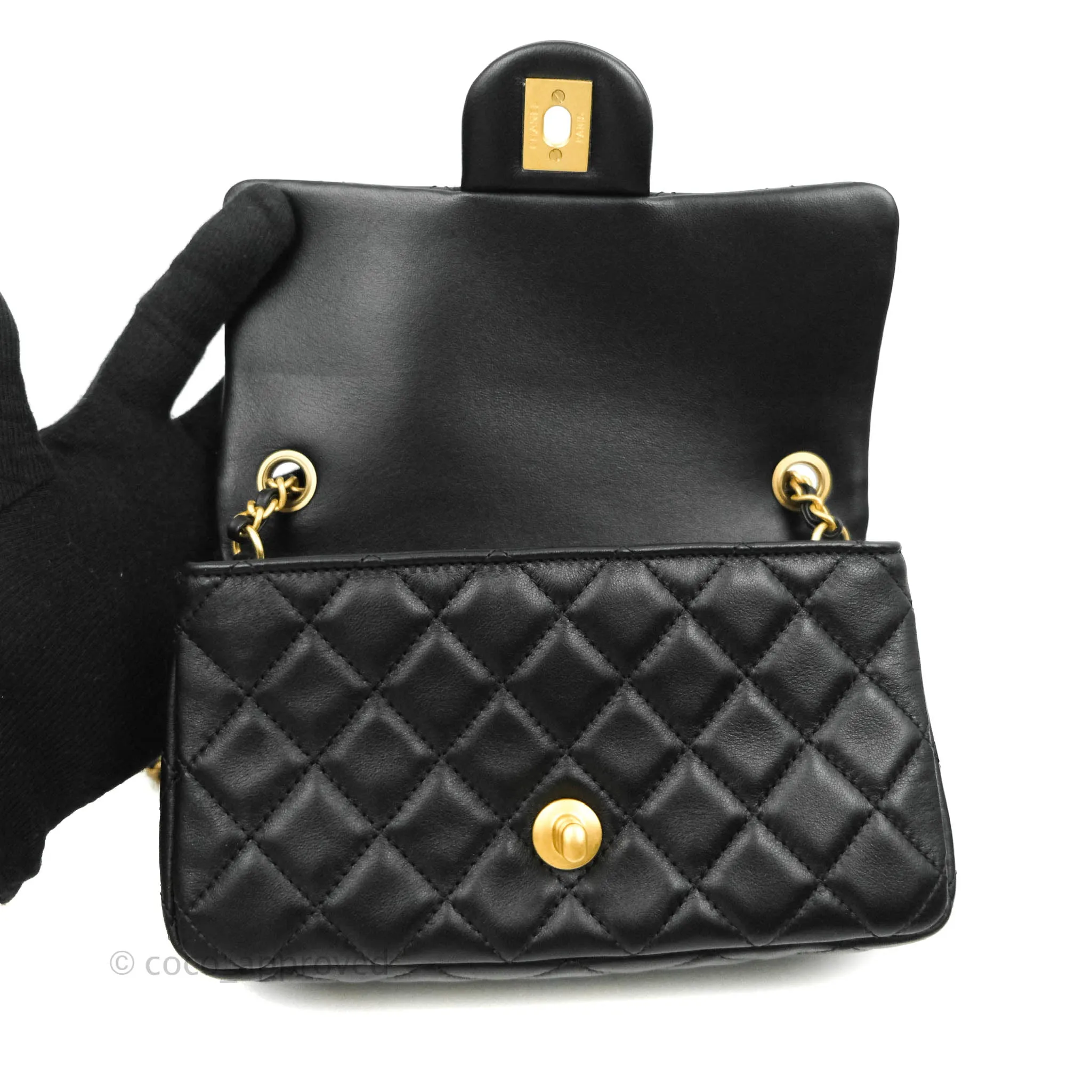 Chanel Mini Rectangular Pearl Crush Quilted Black Lambskin Gold Hardware