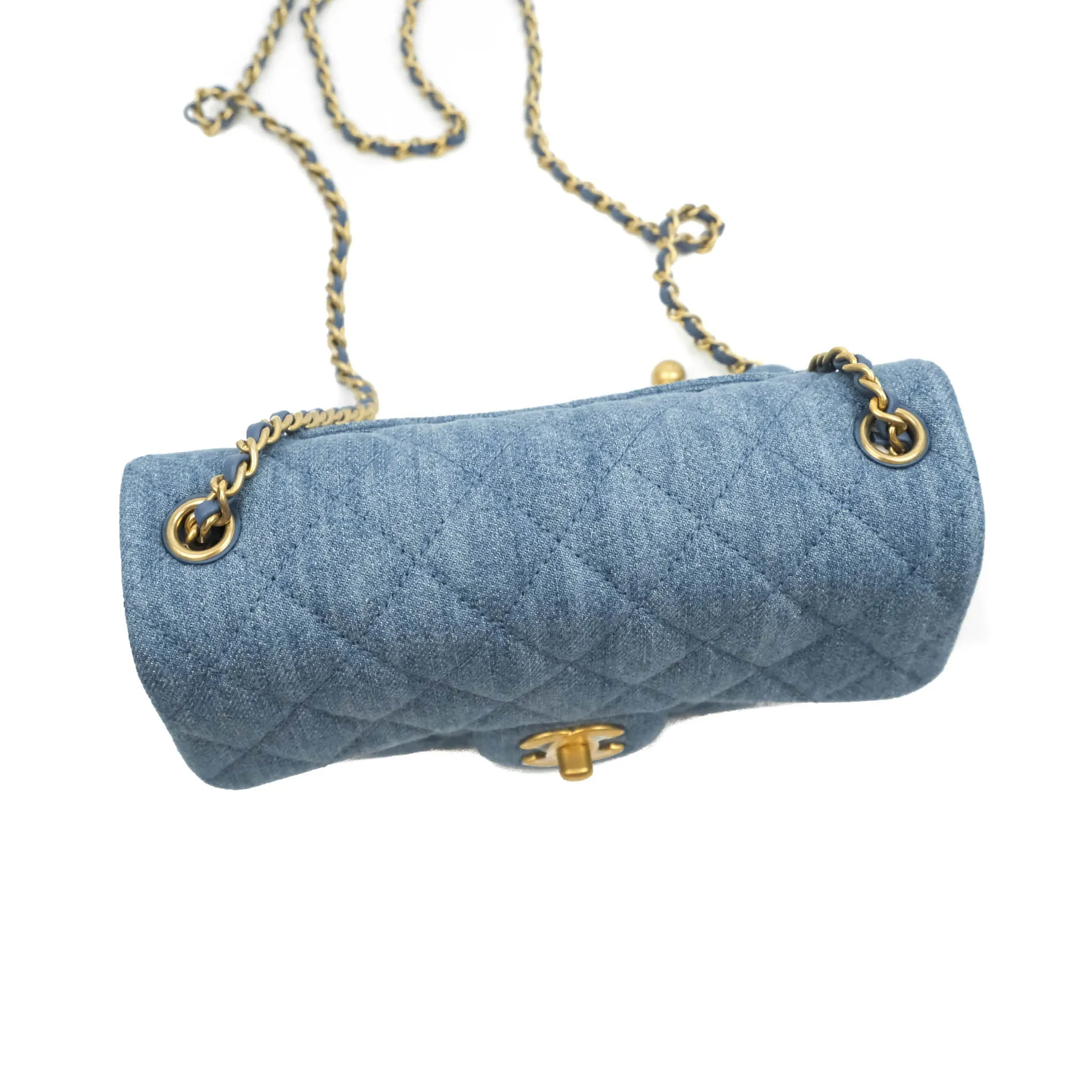 Chanel Mini Rectangular Pearl Crush Quilted Denim Aged Gold Hardware 22C