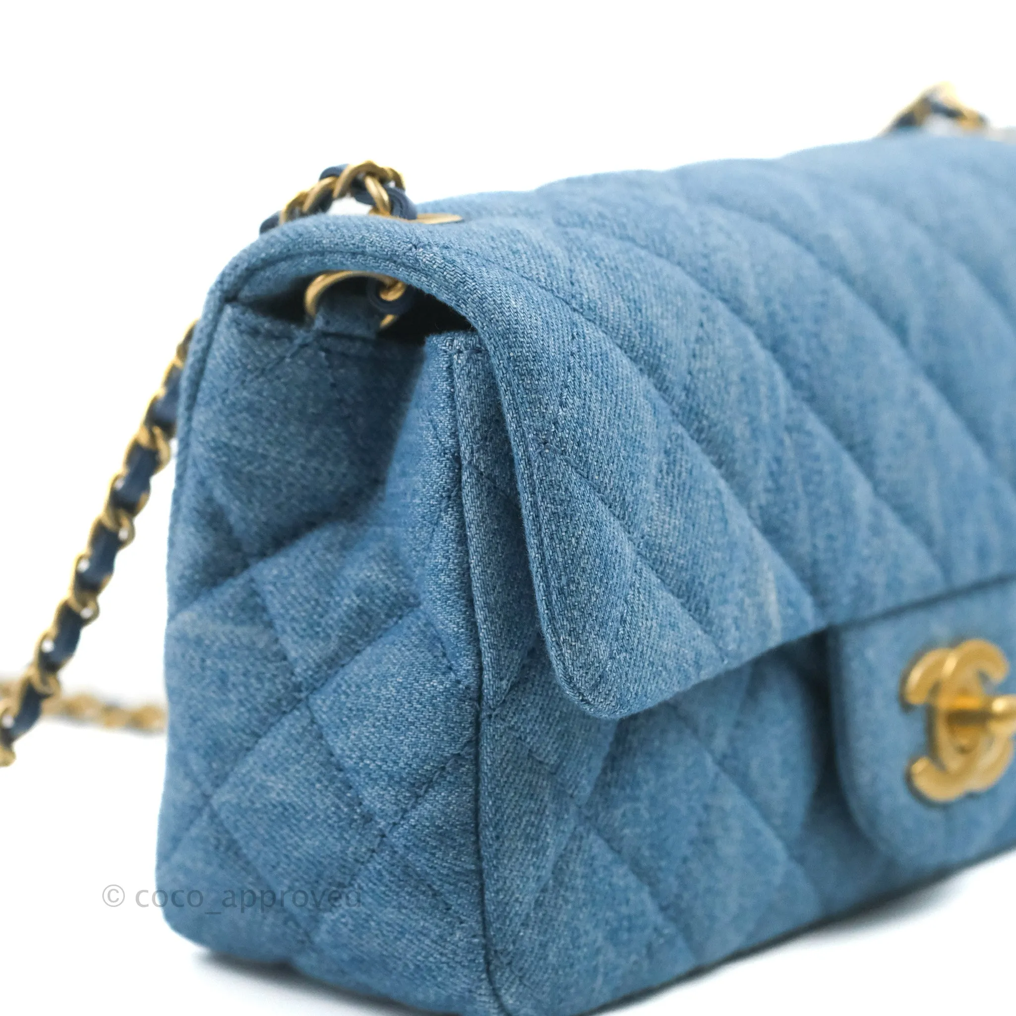 Chanel Mini Rectangular Pearl Crush Quilted Denim Aged Gold Hardware 22C