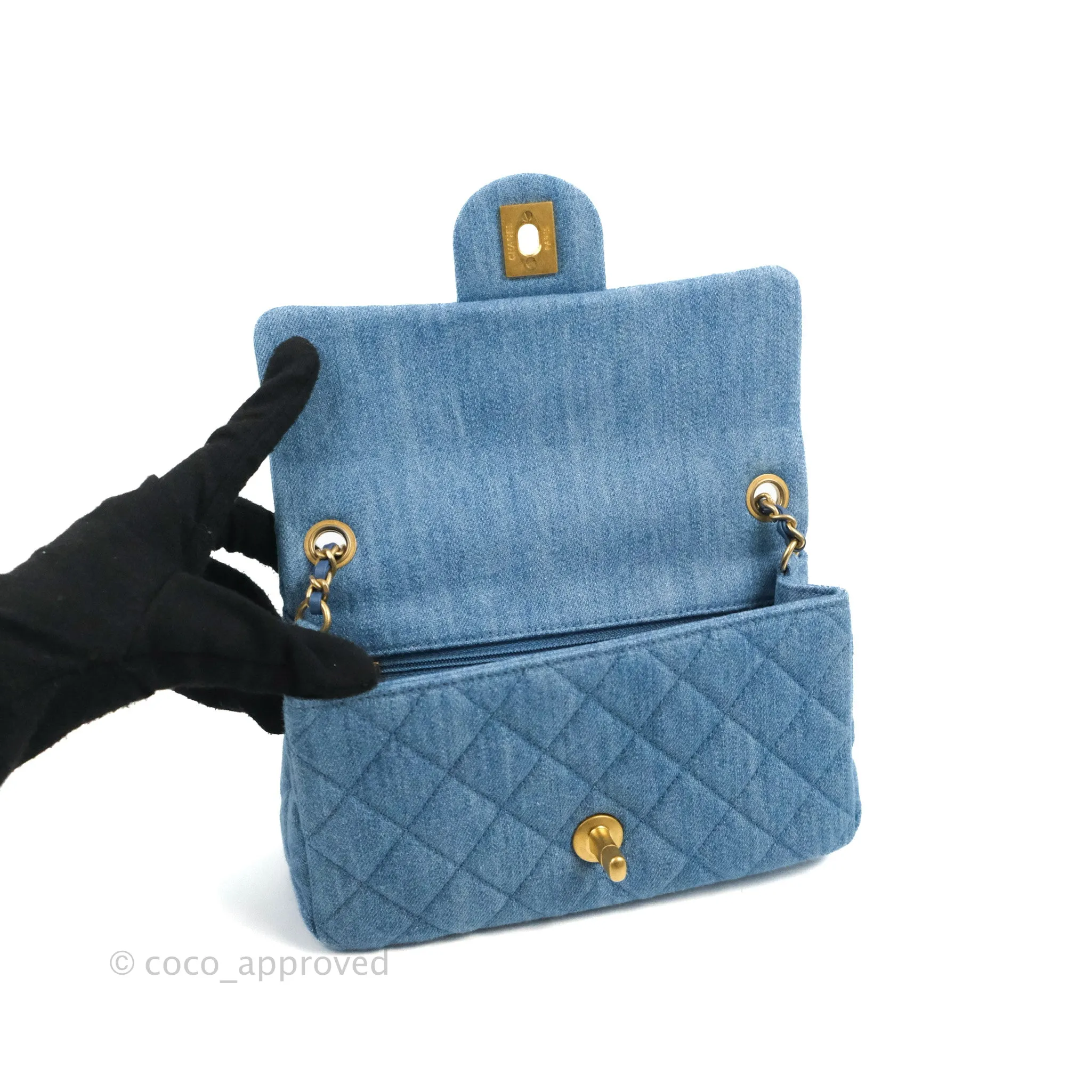 Chanel Mini Rectangular Pearl Crush Quilted Denim Aged Gold Hardware 22C