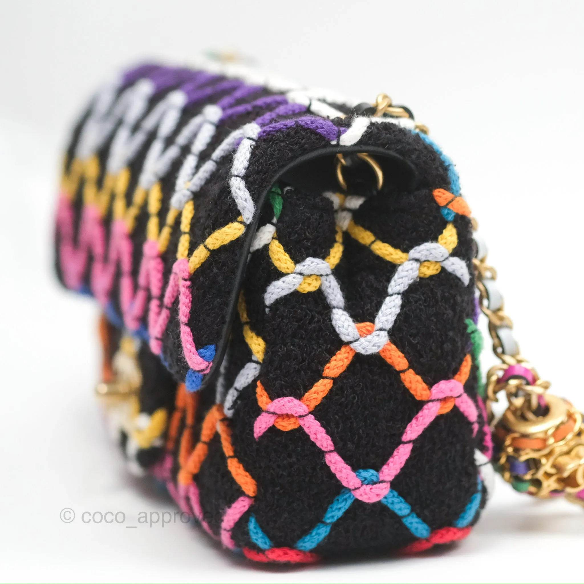 Chanel Mini Rectangular Pearl Crush Quilted Multicolor Tweed Aged Gold Hardware 22S