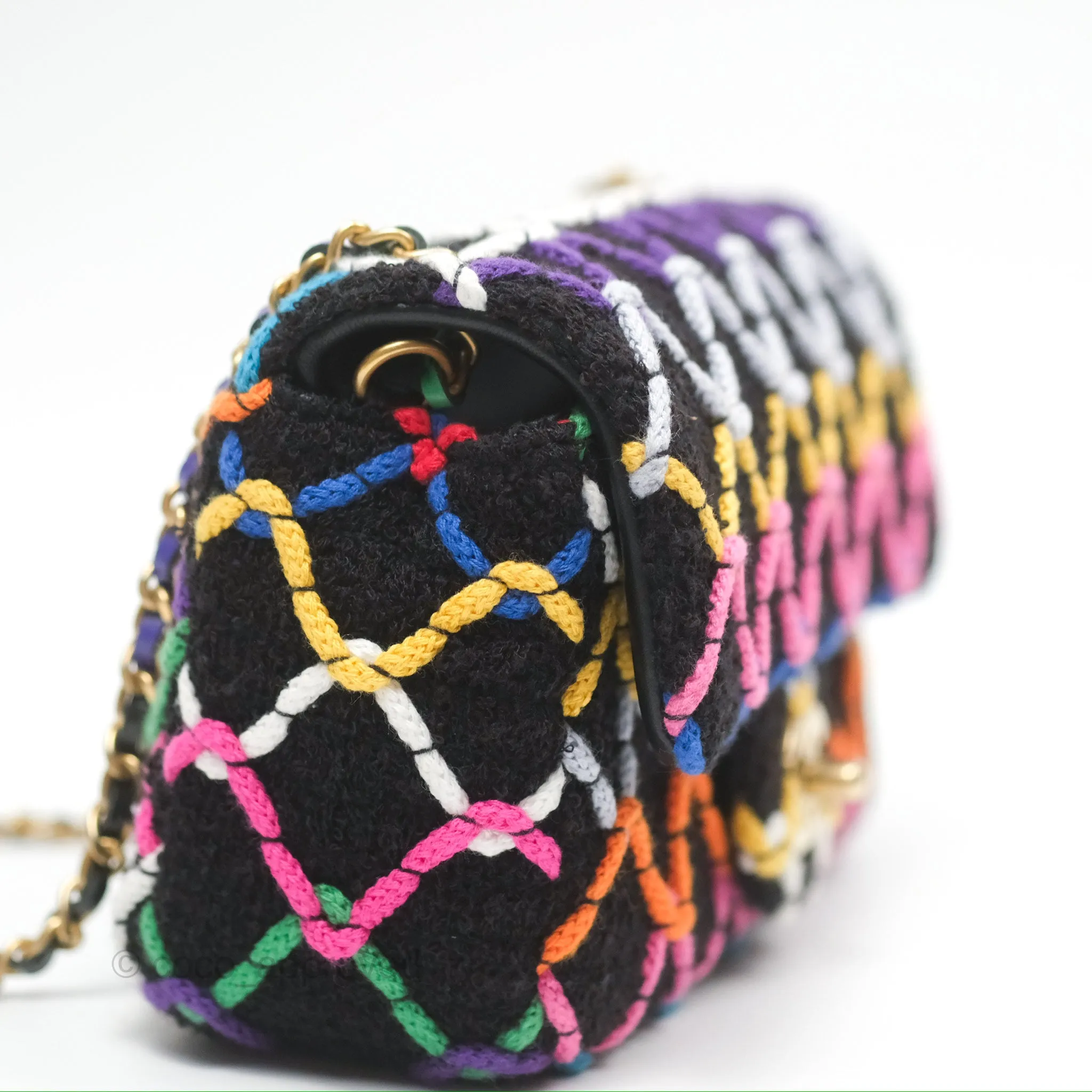 Chanel Mini Rectangular Pearl Crush Quilted Multicolor Tweed Aged Gold Hardware 22S