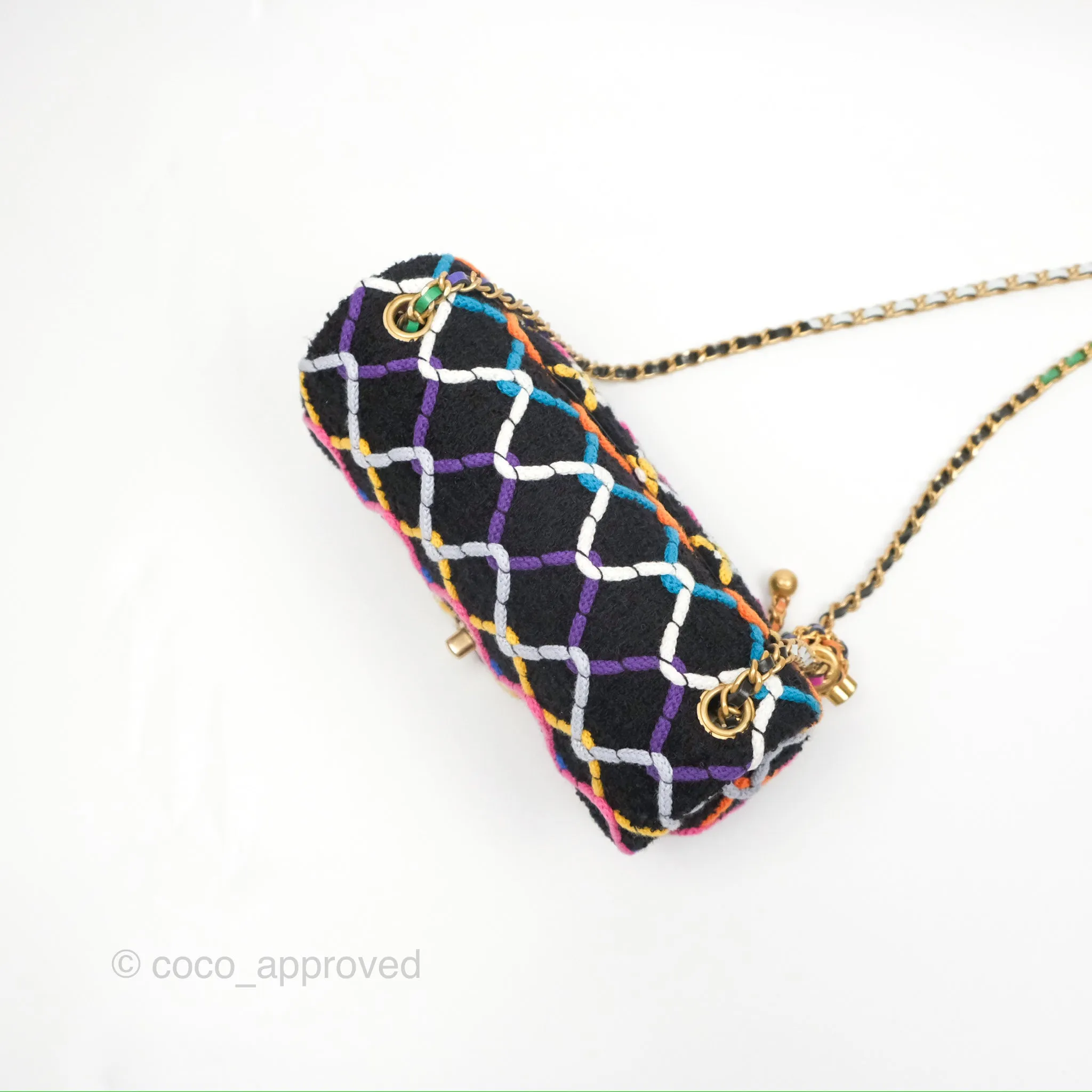 Chanel Mini Rectangular Pearl Crush Quilted Multicolor Tweed Aged Gold Hardware 22S