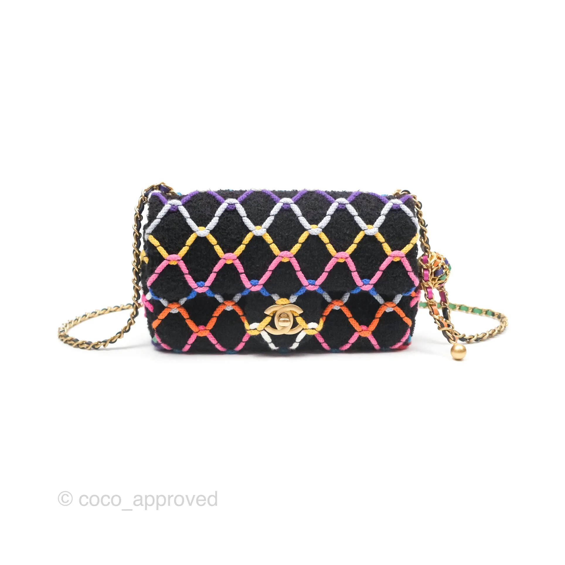 Chanel Mini Rectangular Pearl Crush Quilted Multicolor Tweed Aged Gold Hardware 22S