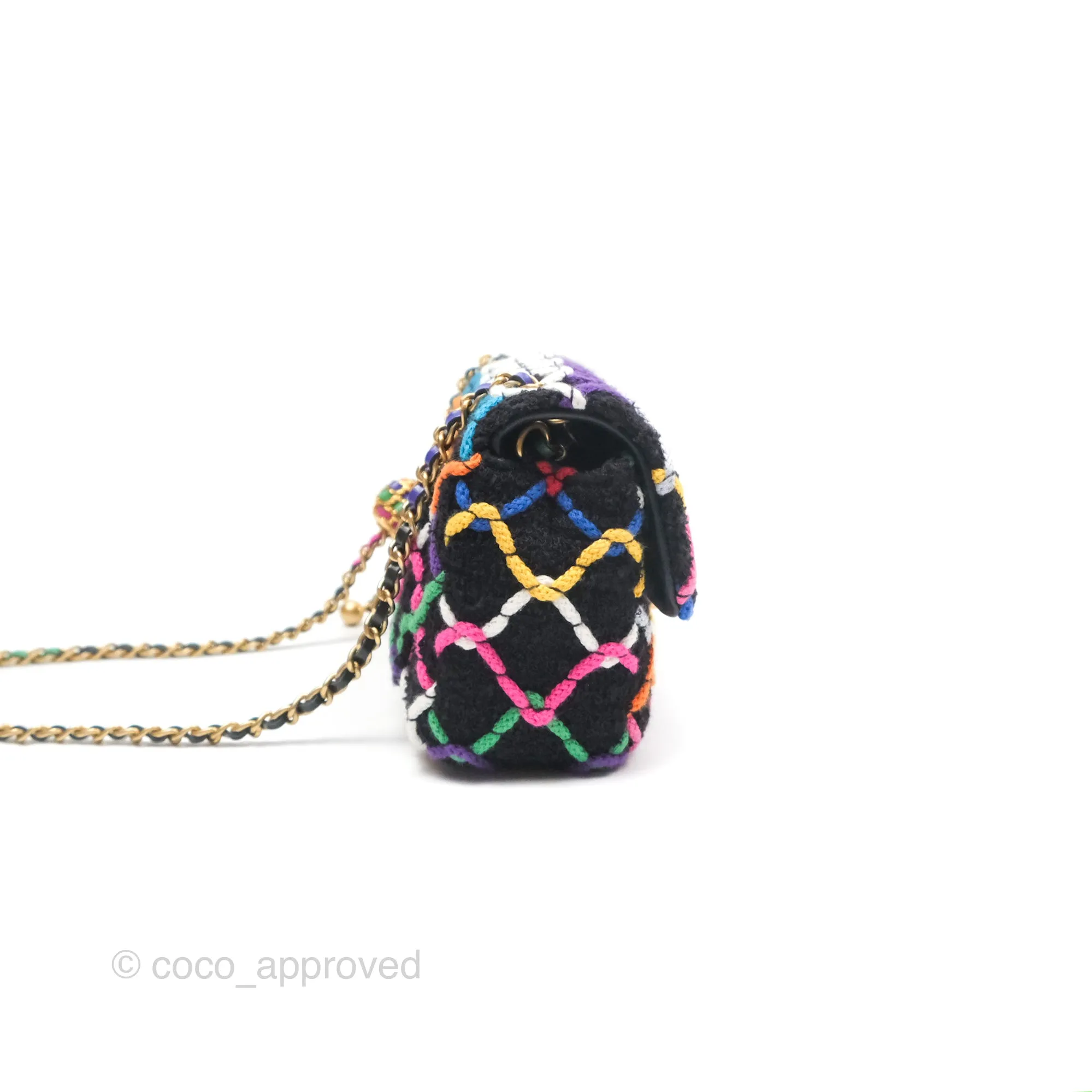 Chanel Mini Rectangular Pearl Crush Quilted Multicolor Tweed Aged Gold Hardware 22S
