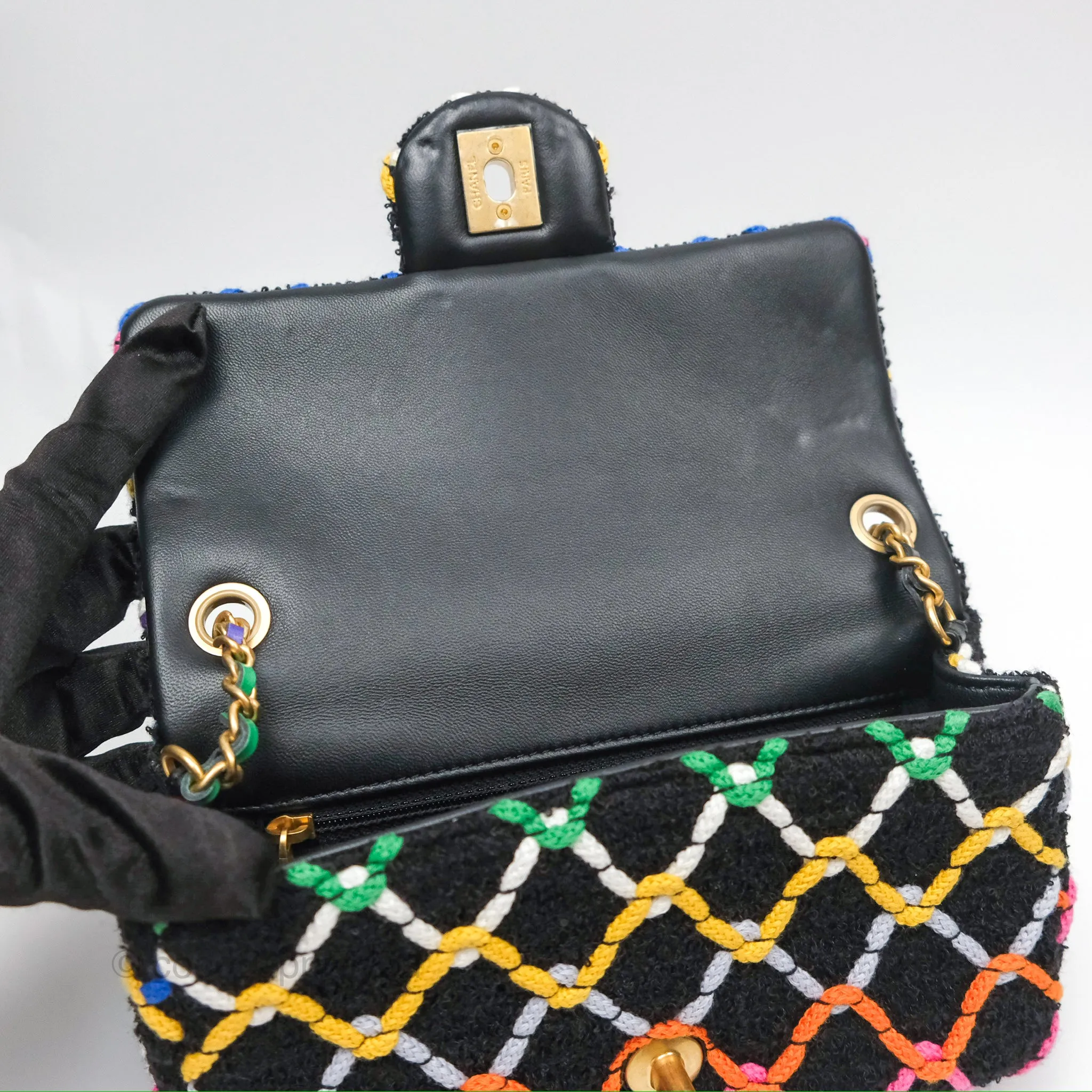 Chanel Mini Rectangular Pearl Crush Quilted Multicolor Tweed Aged Gold Hardware 22S