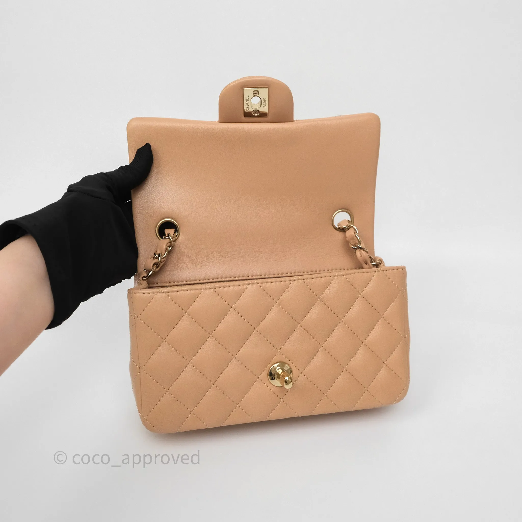 Chanel Mini Rectangular Quilted Beige Lambskin Gold Hardware