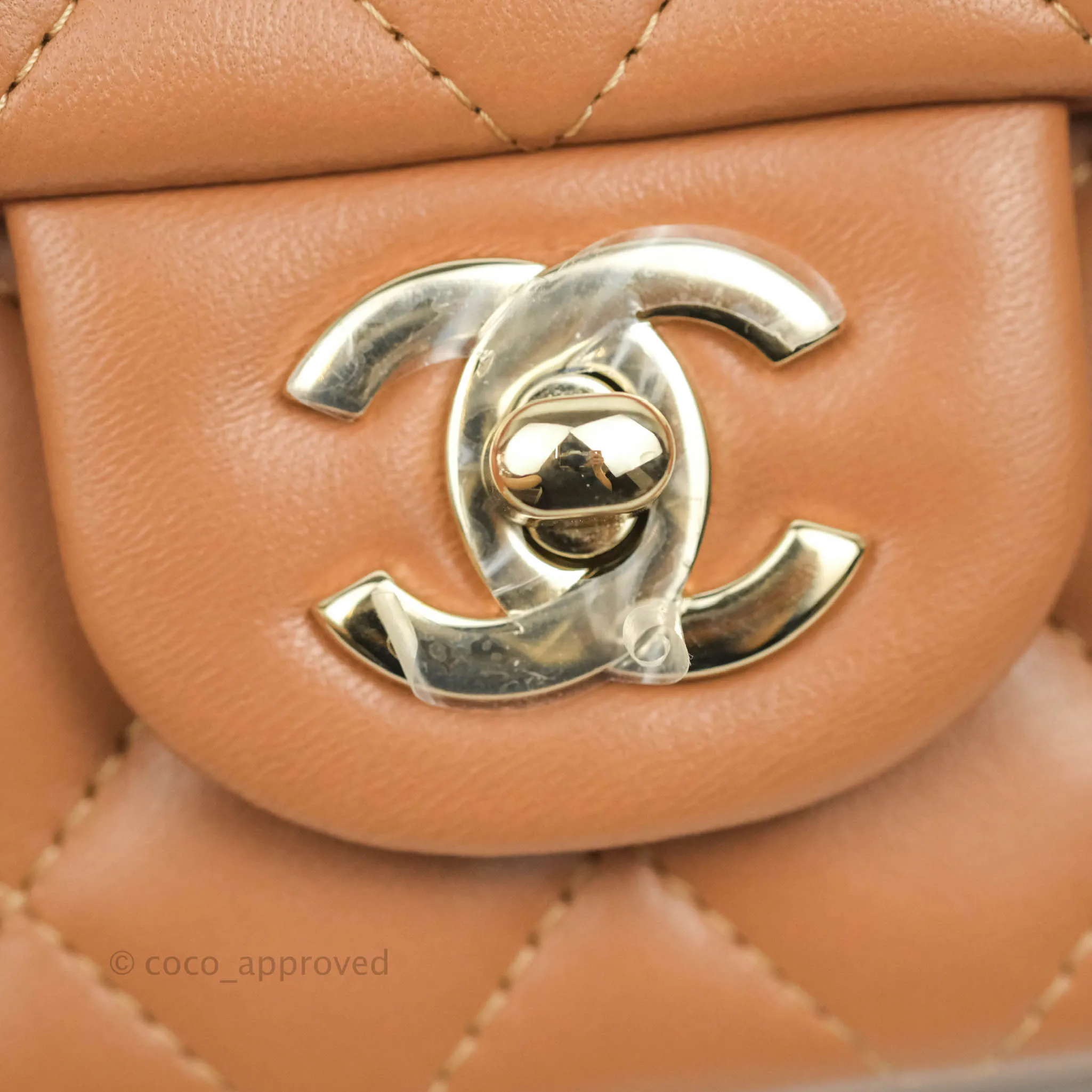 Chanel Mini Rectangular Quilted Caramel Dark Beige Lambskin Gold Hardware 21P