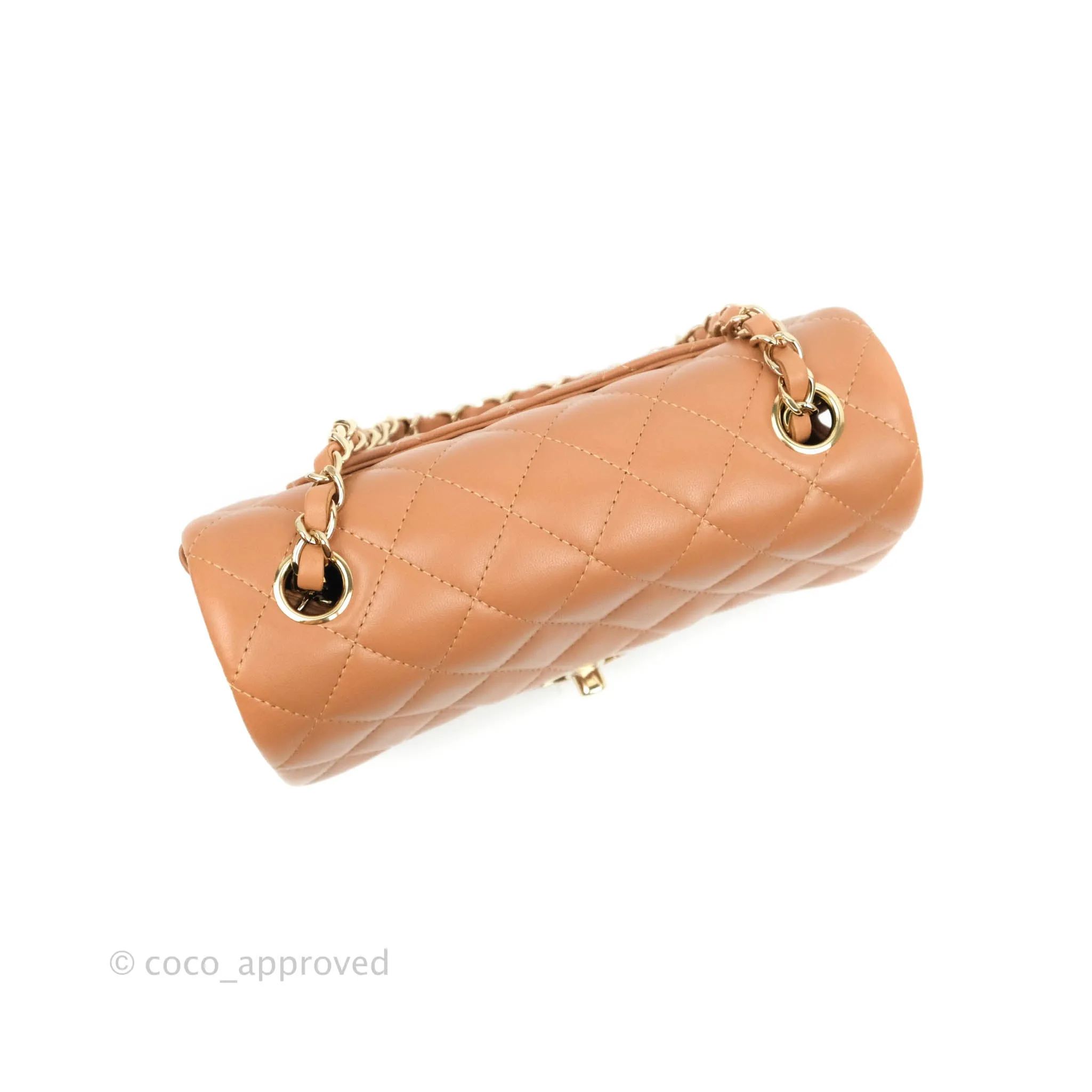 Chanel Mini Rectangular Quilted Caramel Dark Beige Lambskin Gold Hardware 21P