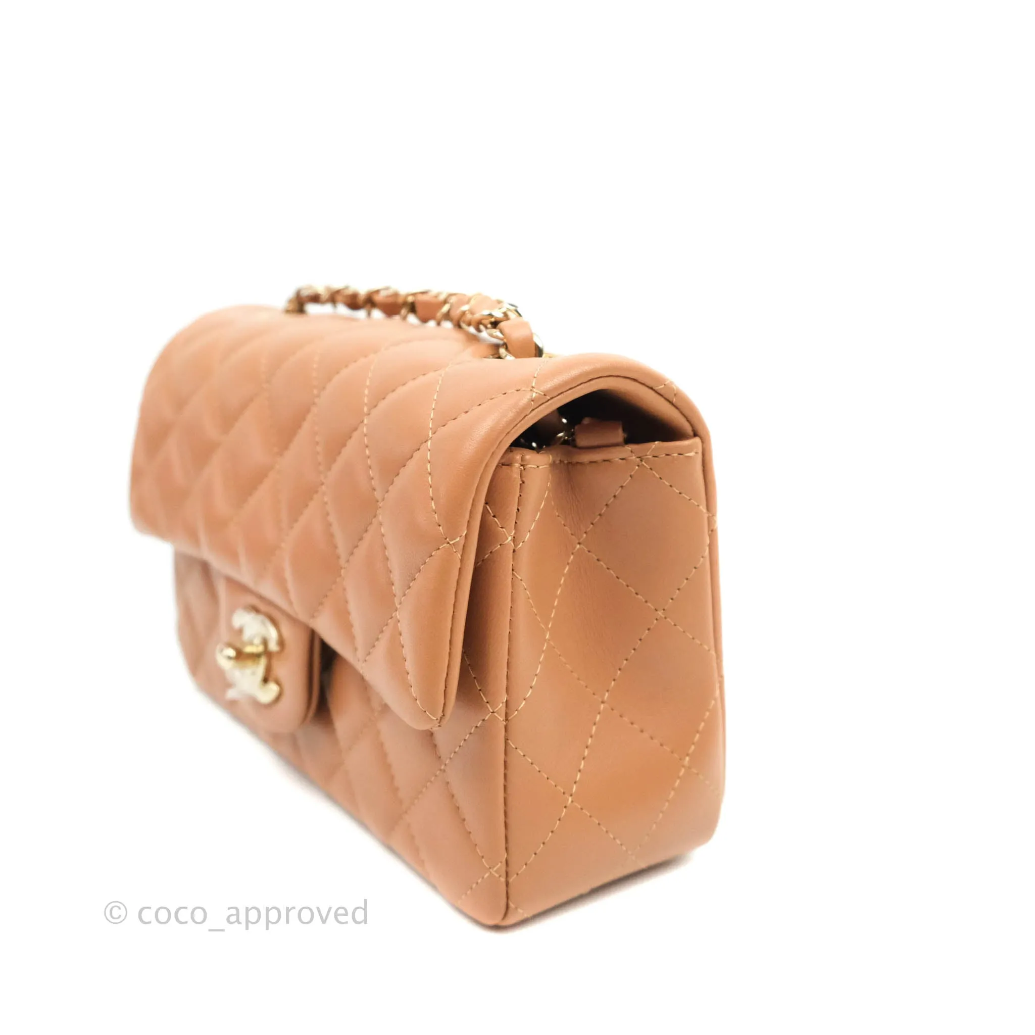 Chanel Mini Rectangular Quilted Caramel Dark Beige Lambskin Gold Hardware 21P