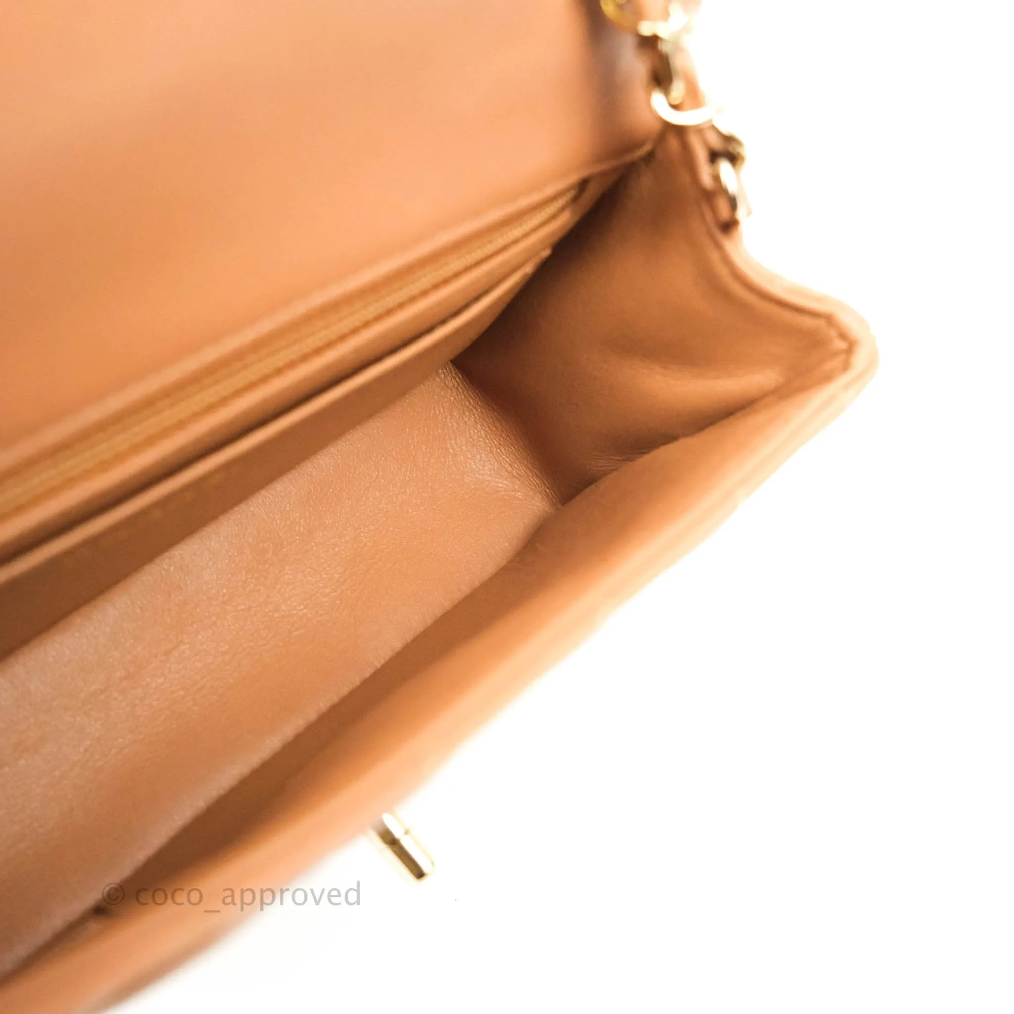 Chanel Mini Rectangular Quilted Caramel Dark Beige Lambskin Gold Hardware 21P