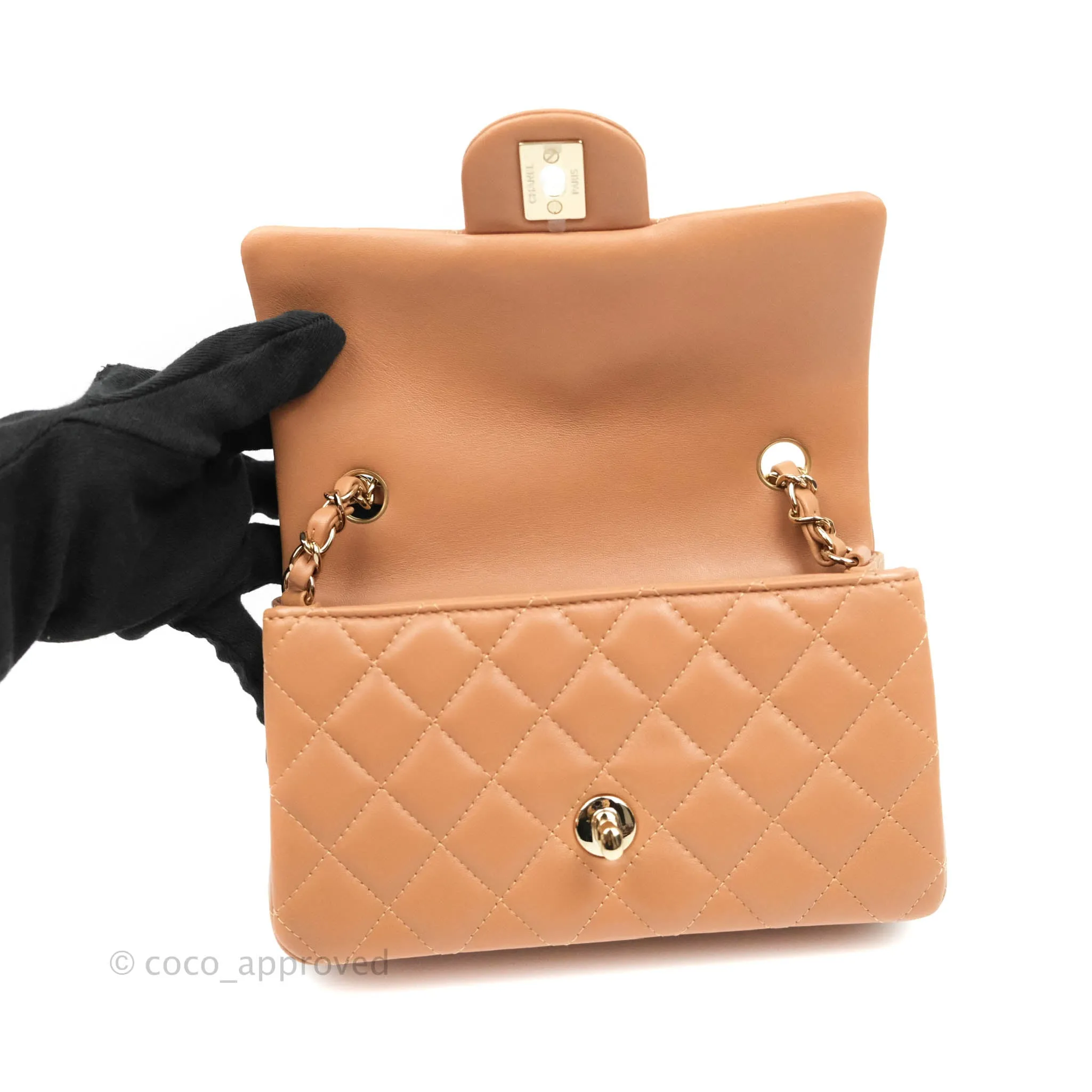 Chanel Mini Rectangular Quilted Caramel Dark Beige Lambskin Gold Hardware 21P