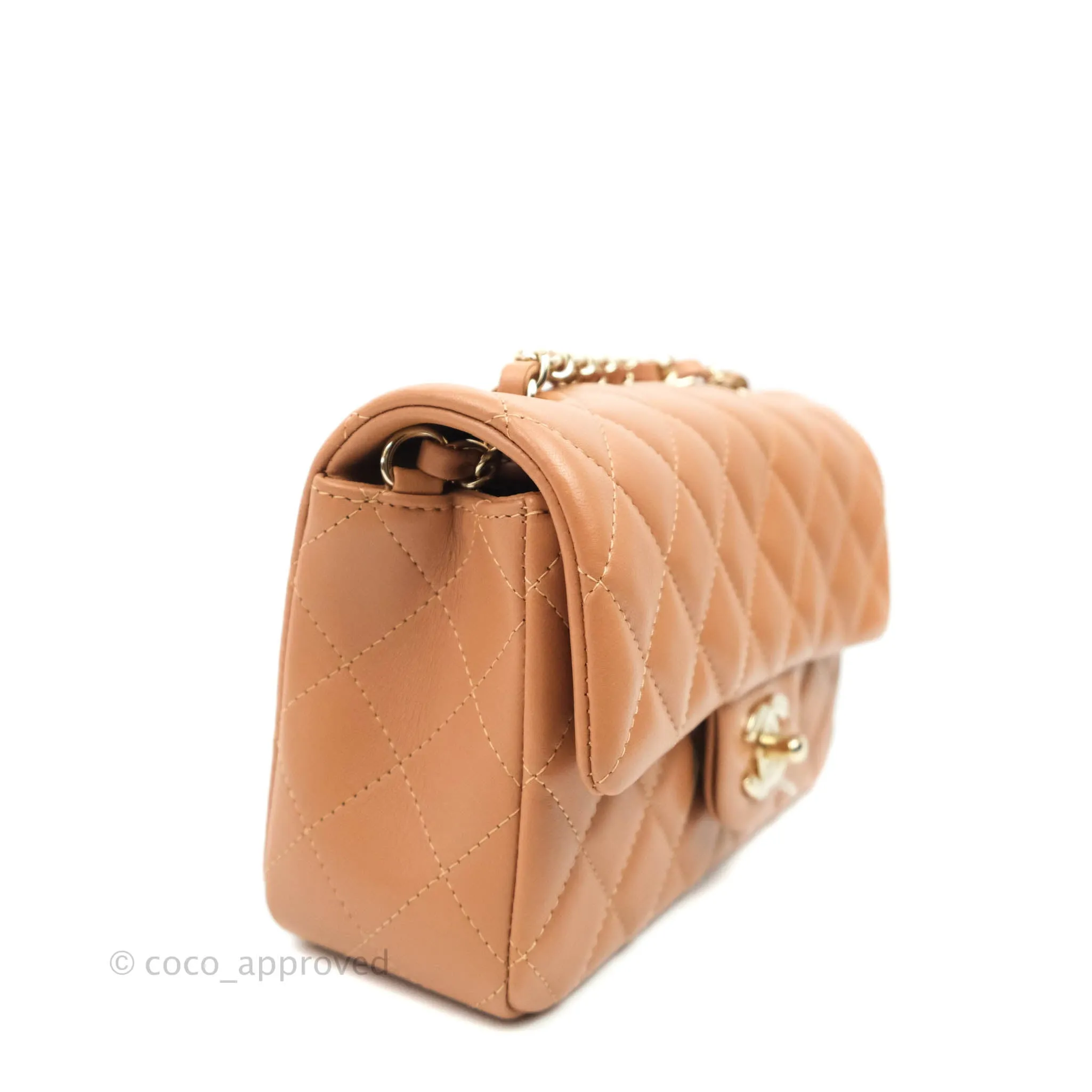 Chanel Mini Rectangular Quilted Caramel Dark Beige Lambskin Gold Hardware 21P