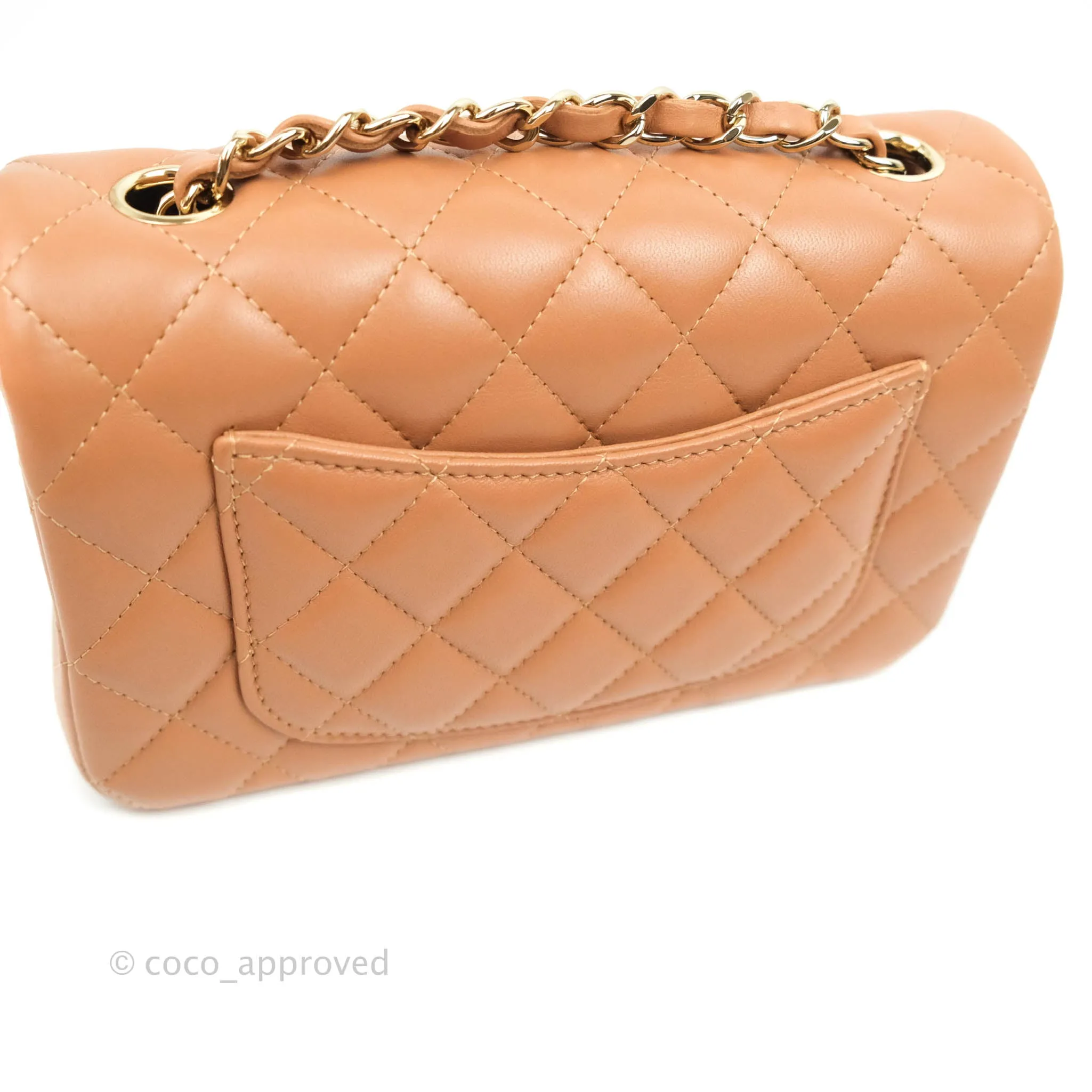 Chanel Mini Rectangular Quilted Caramel Dark Beige Lambskin Gold Hardware 21P