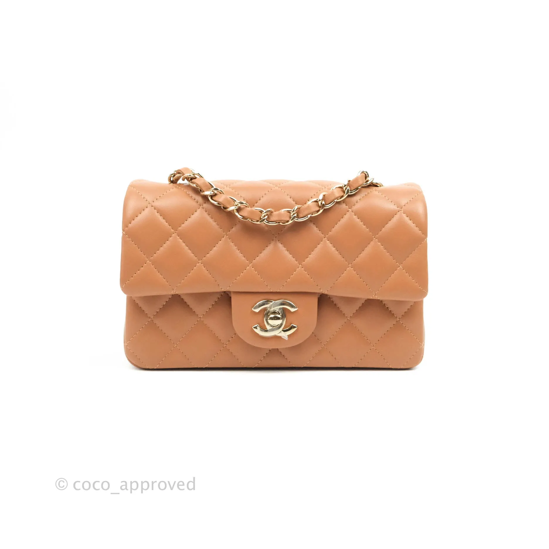 Chanel Mini Rectangular Quilted Caramel Dark Beige Lambskin Gold Hardware 21P