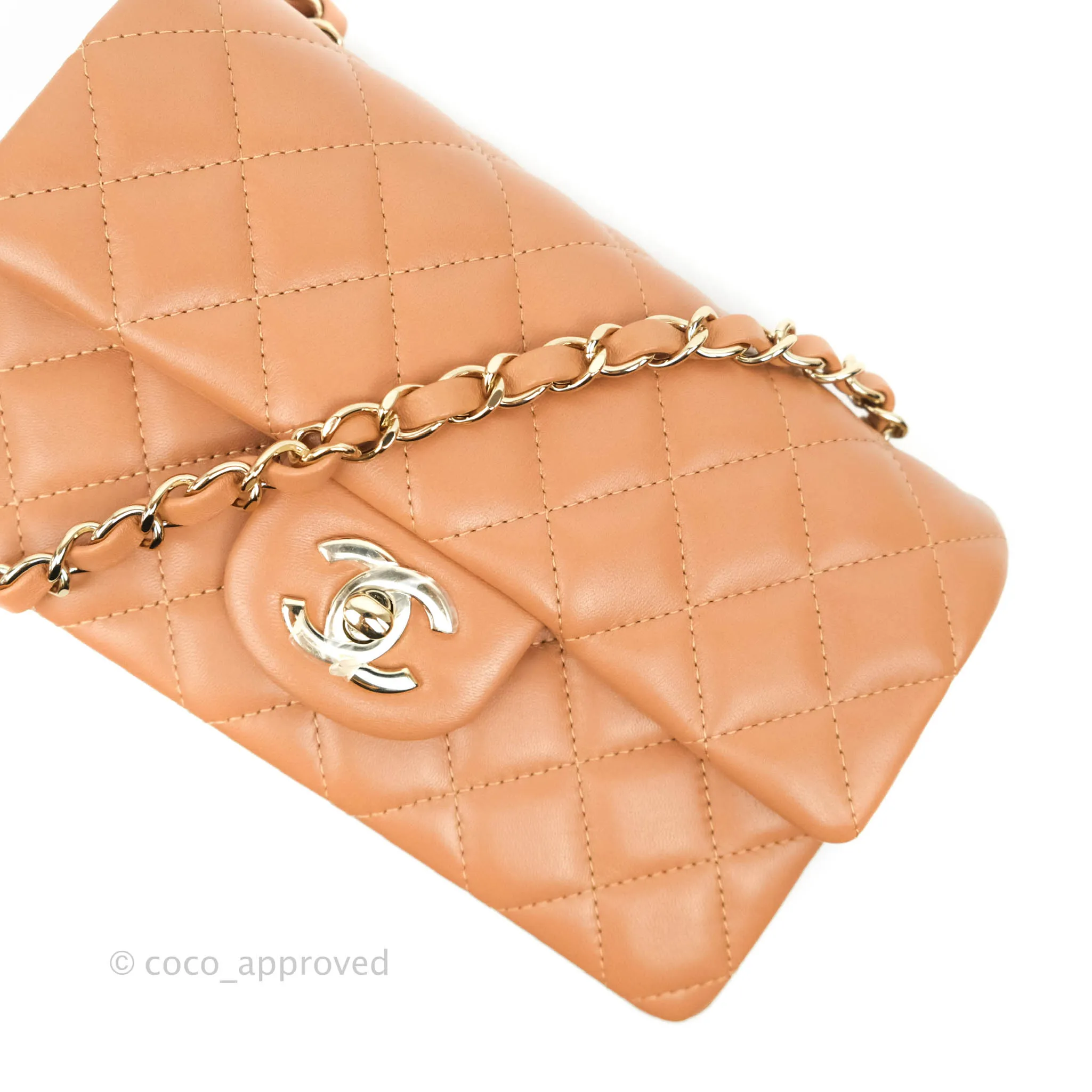 Chanel Mini Rectangular Quilted Caramel Dark Beige Lambskin Gold Hardware 21P